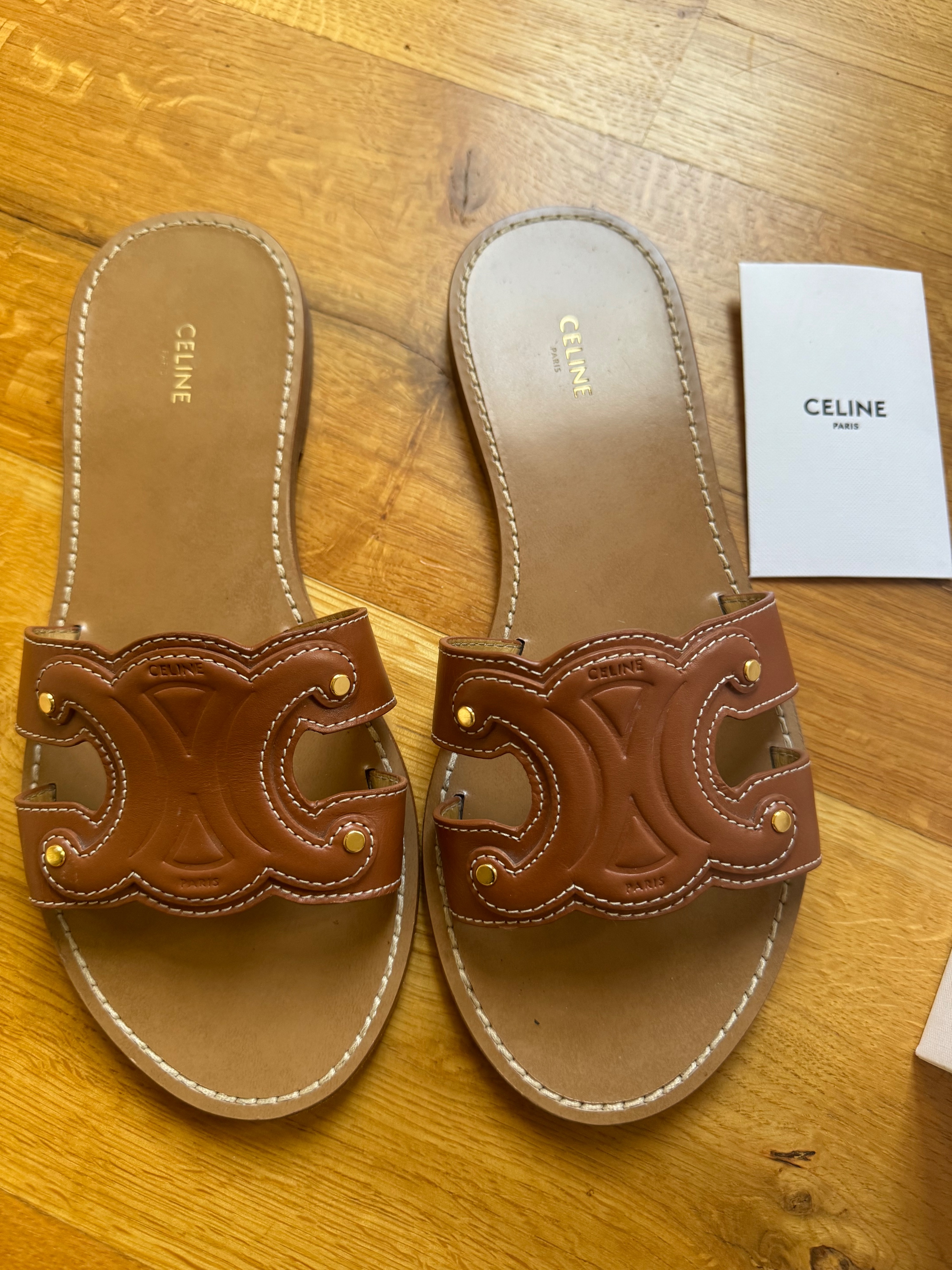 Preowned Celine Brown Triomphe Sandals Size 39 Tan leather