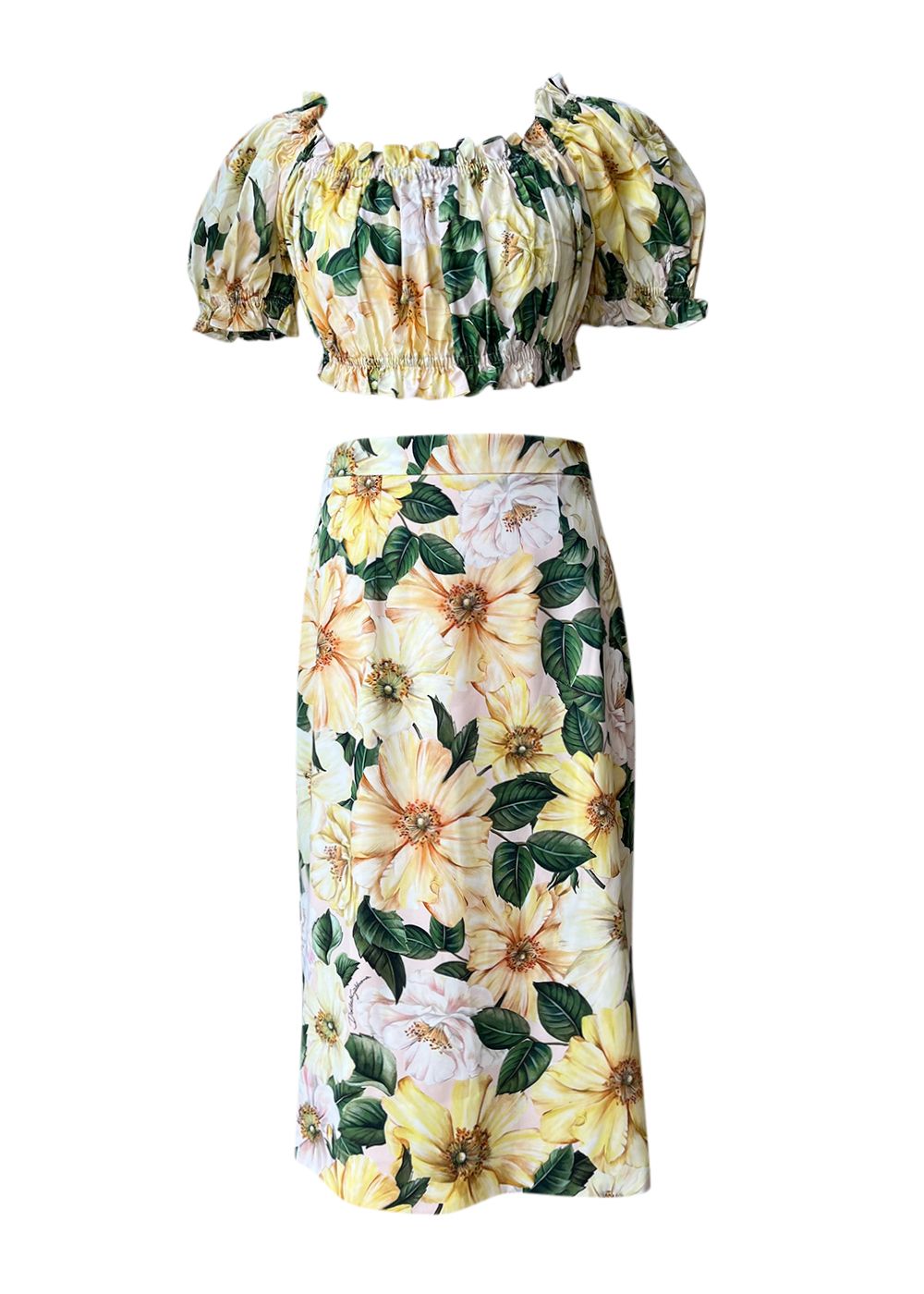 Preowned Dolce  Gabbana Camellia Print Crop Top and Midi Skirt Size L Yellow skirt is silk/top is cotton