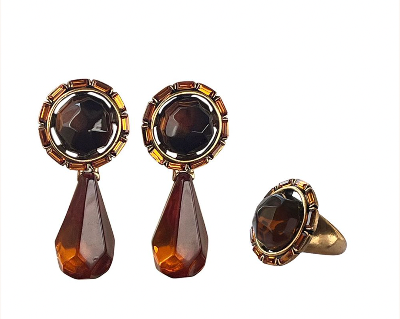 Preowned Oscar De La Renta Jewel Drop Earrings and Ring Set Amber brass/glass