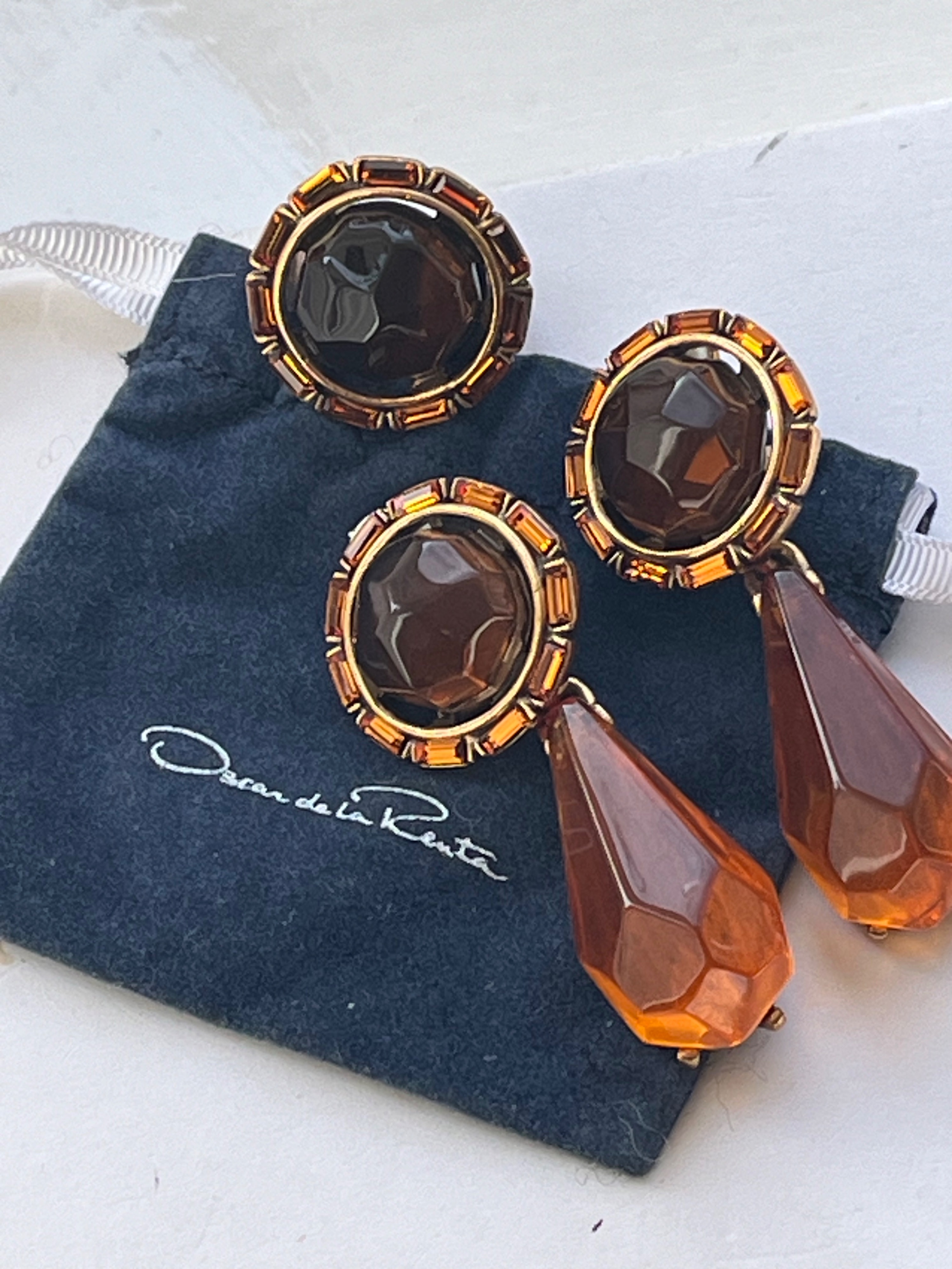 Preowned Oscar De La Renta Jewel Drop Earrings and Ring Set Amber brass/glass