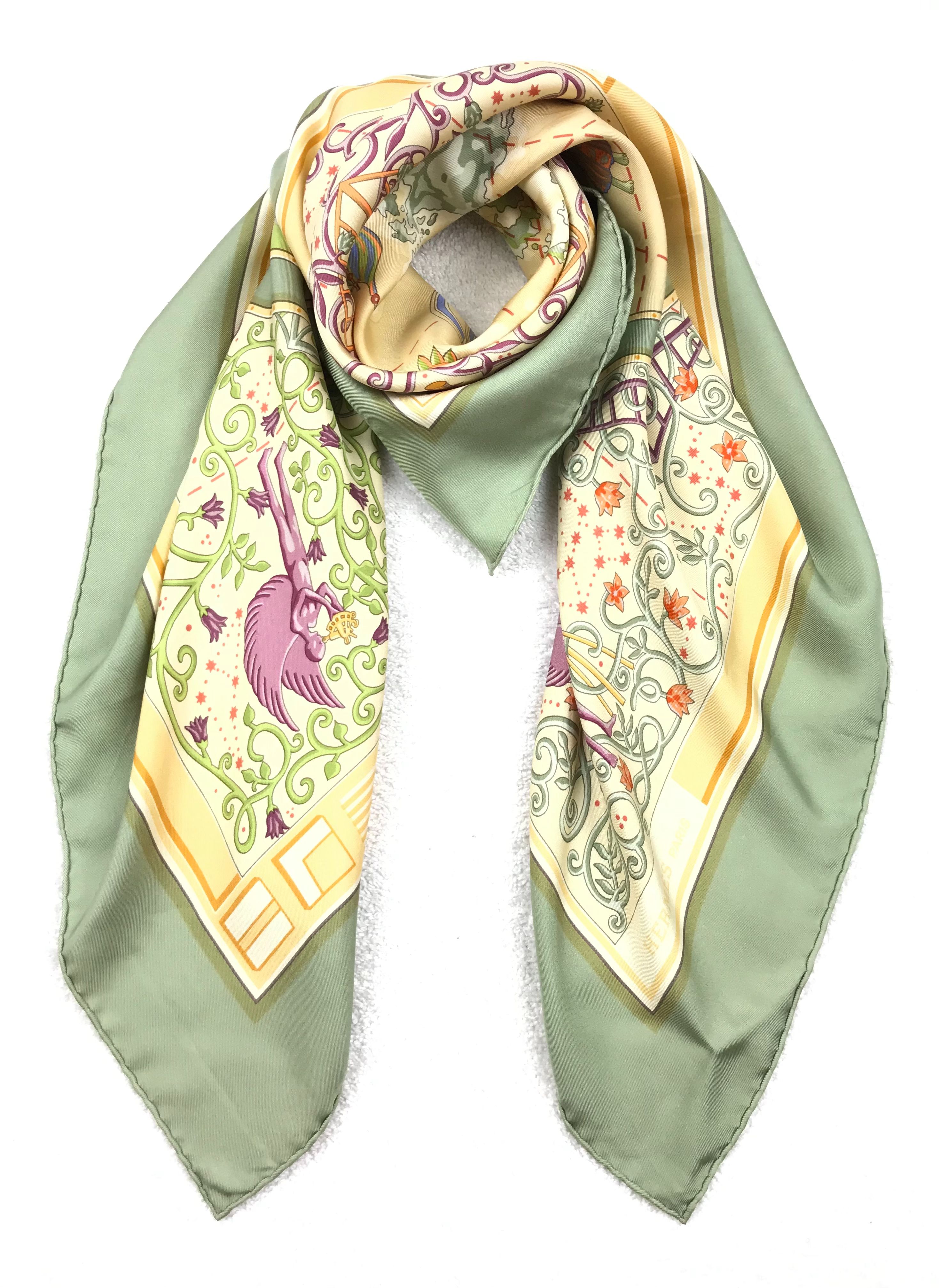 Preowned Hermes Yellow Green Printed Vintage Silk Scarf Multicolour