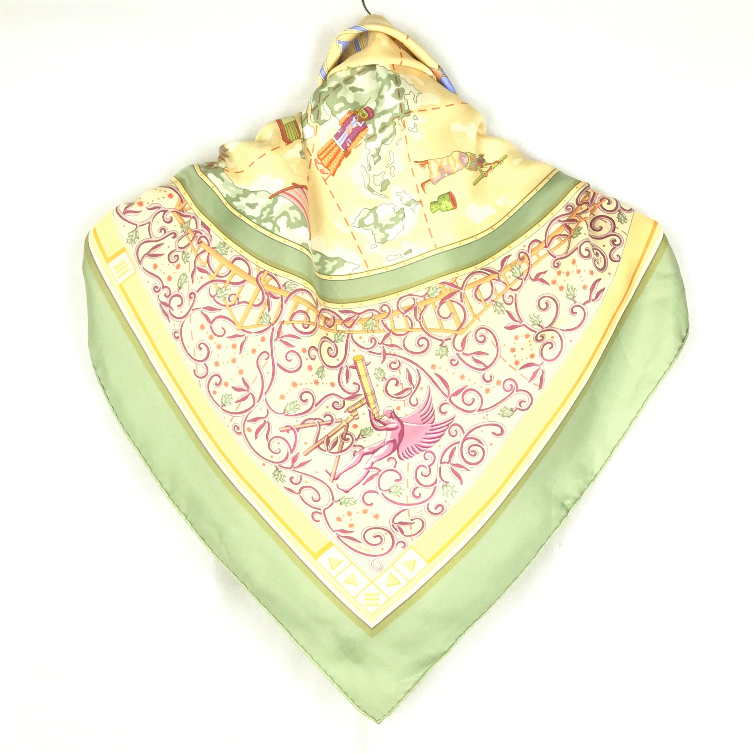 Preowned Hermes Yellow Green Printed Vintage Silk Scarf Multicolour