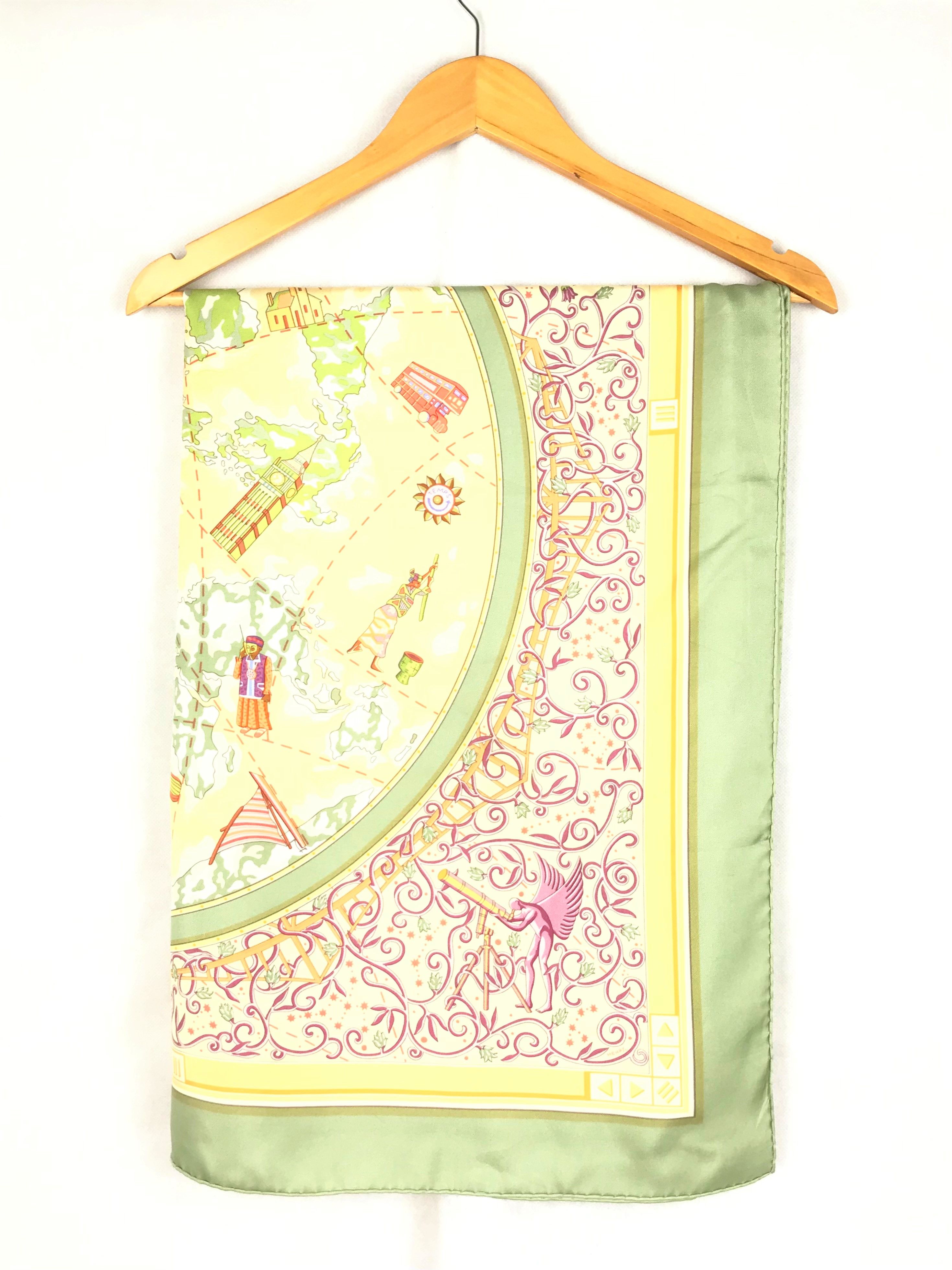 Preowned Hermes Yellow Green Printed Vintage Silk Scarf Multicolour