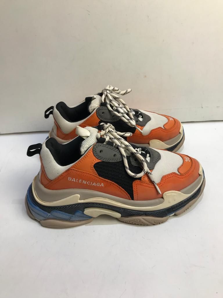 Preowned Balenciaga Orange  Blue Triple S Sneakers Size 38 leather