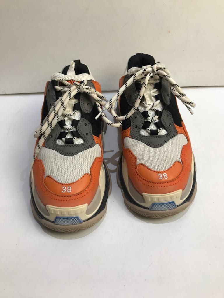 Preowned Balenciaga Orange  Blue Triple S Sneakers Size 38 leather