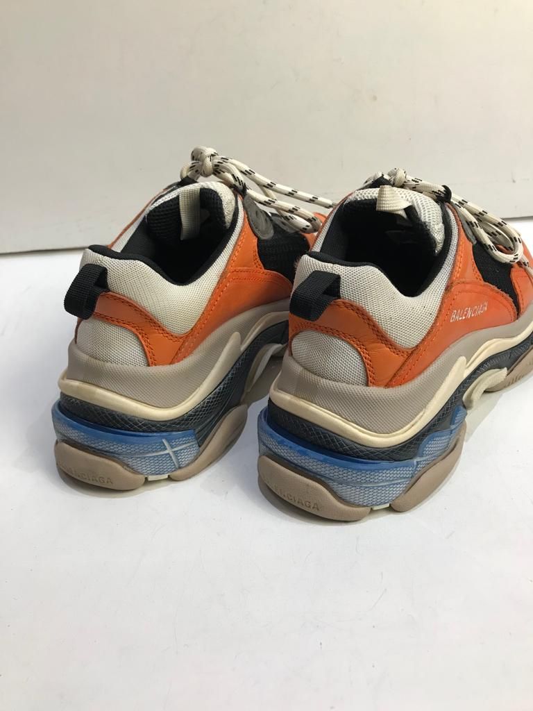 Preowned Balenciaga Orange  Blue Triple S Sneakers Size 38 leather