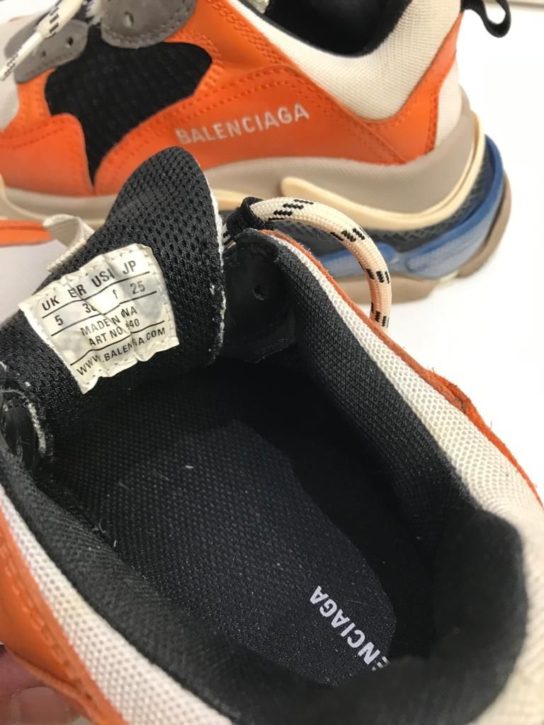 Preowned Balenciaga Orange  Blue Triple S Sneakers Size 38 leather