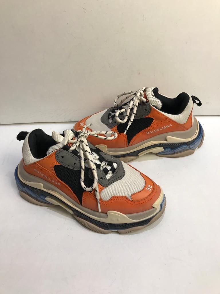 Preowned Balenciaga Orange  Blue Triple S Sneakers Size 38 leather