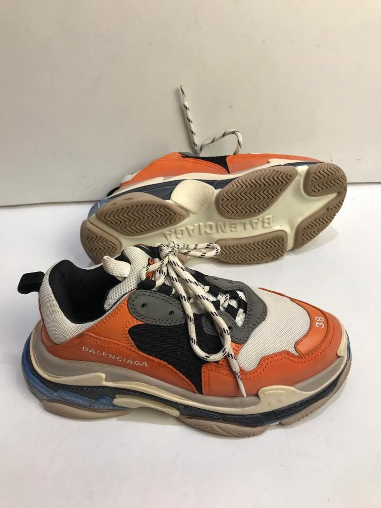 Preowned Balenciaga Orange  Blue Triple S Sneakers Size 38 leather