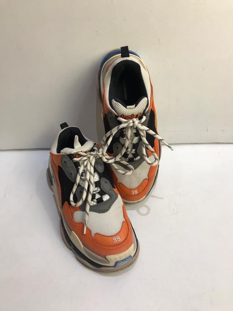 Preowned Balenciaga Orange  Blue Triple S Sneakers Size 38 leather