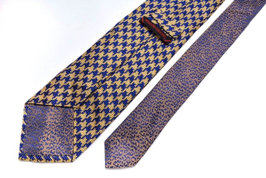 Men's Preowned Roberto Cavalli Houndstooth Leopard Print Tie Purple silk