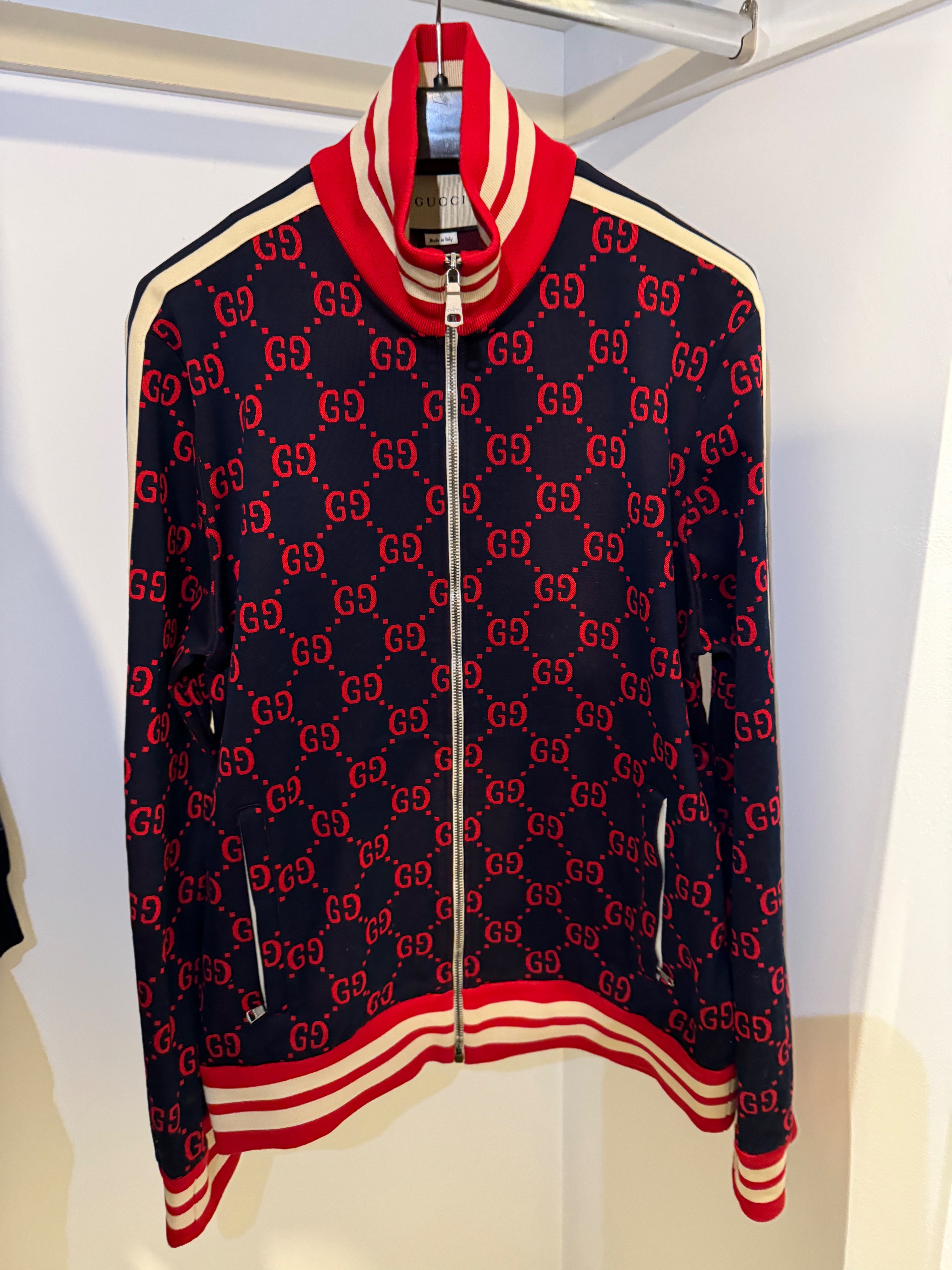 Men's Gucci Red and Navy GG Monogram Track Jacket Size XL Navy Red Cream cotton