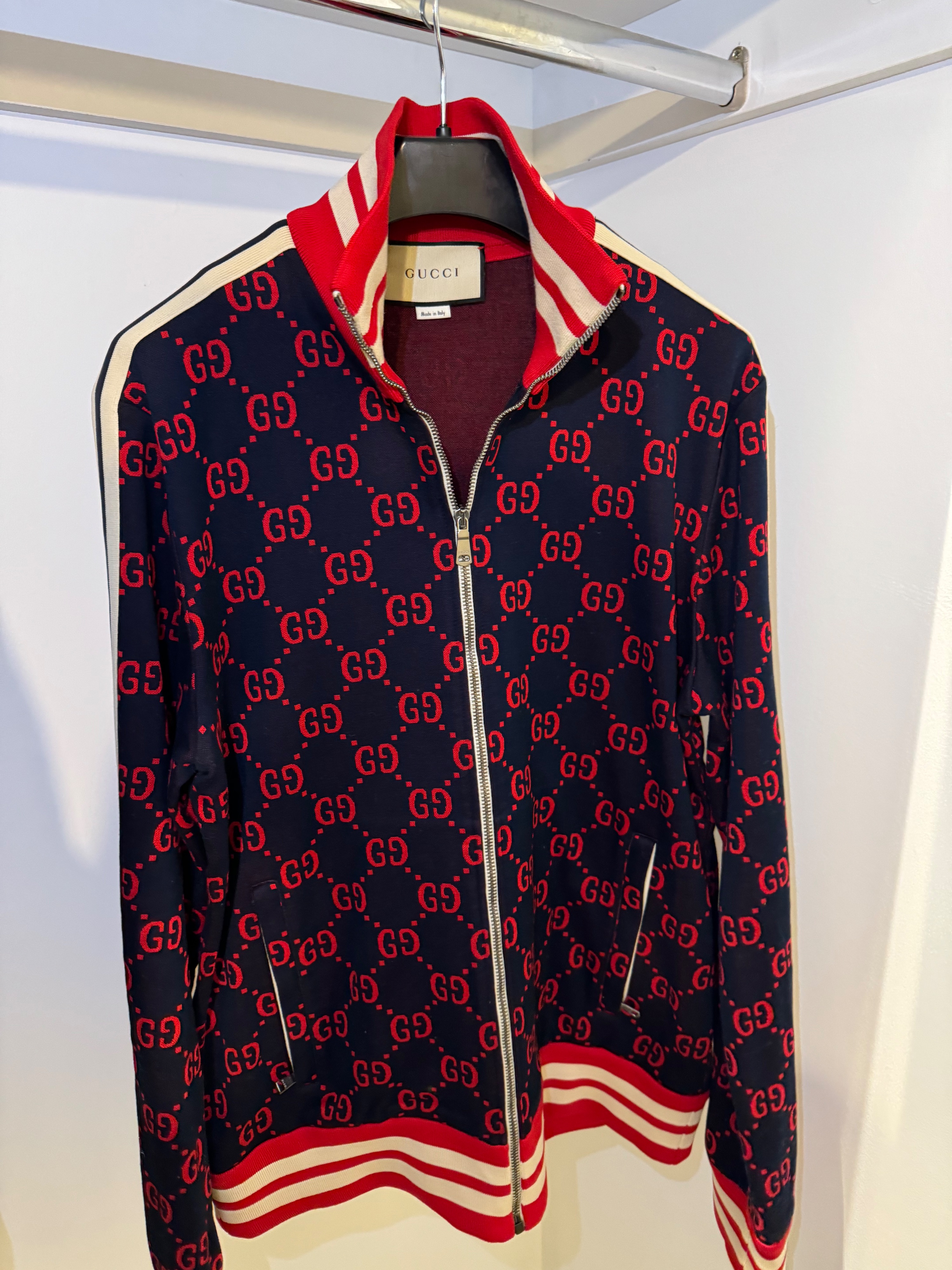 Men's Gucci Red and Navy GG Monogram Track Jacket Size XL Navy Red Cream cotton