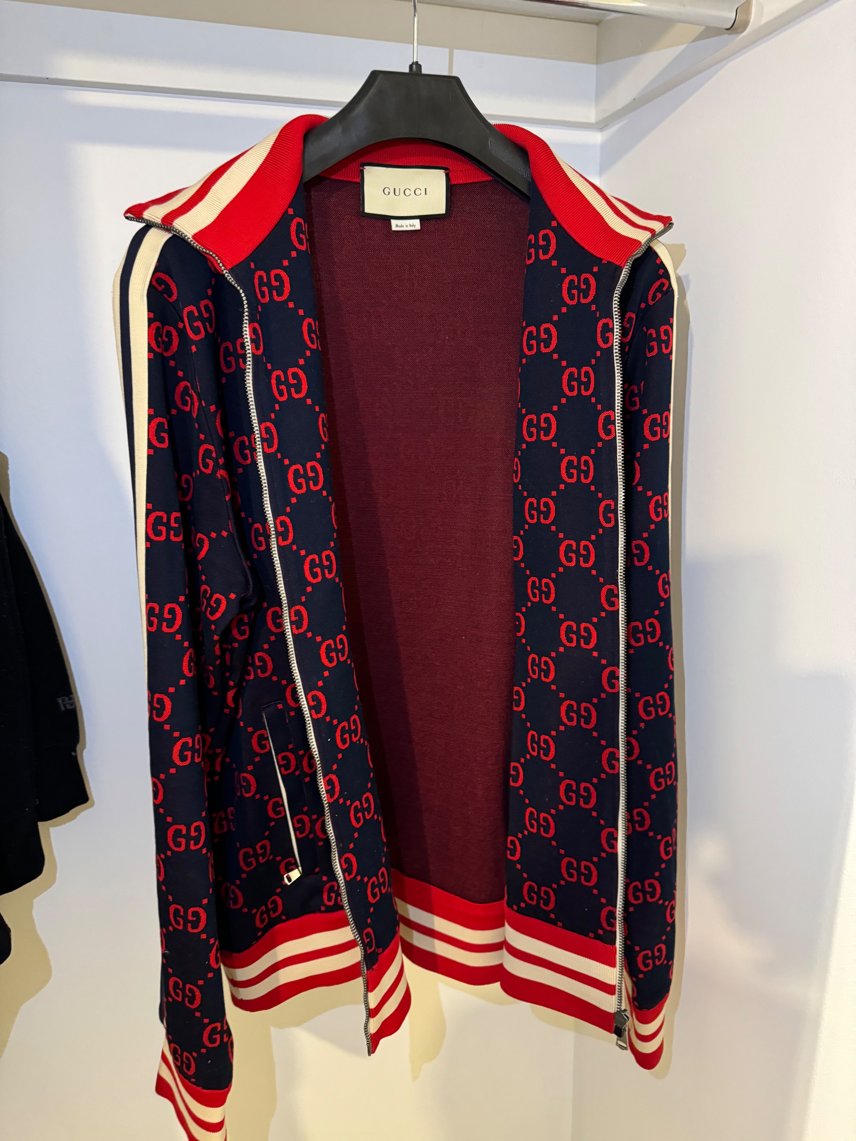 Men's Gucci Red and Navy GG Monogram Track Jacket Size XL Navy Red Cream cotton