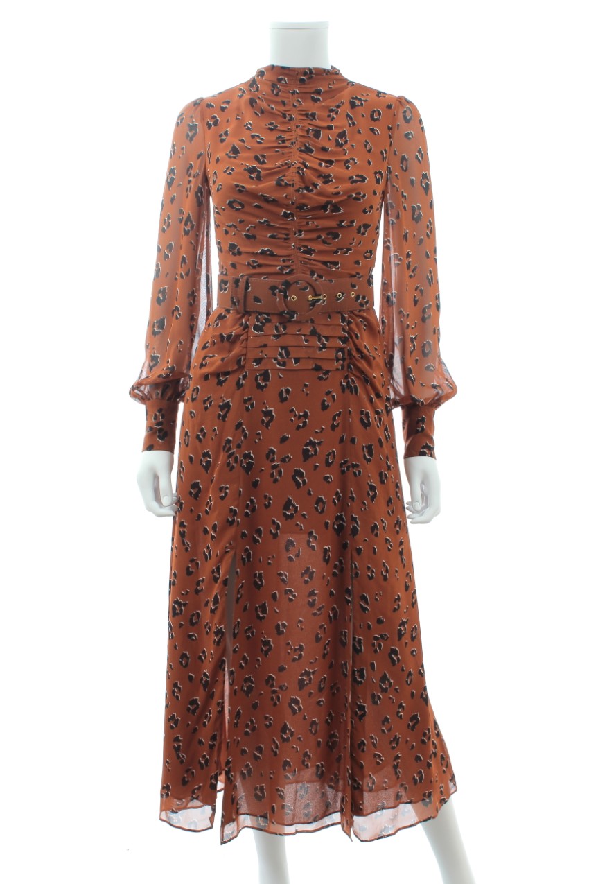 Nicholas Brown Leopard Print Belted Georgette Ruched Dress Size XXS Animal Print polyester