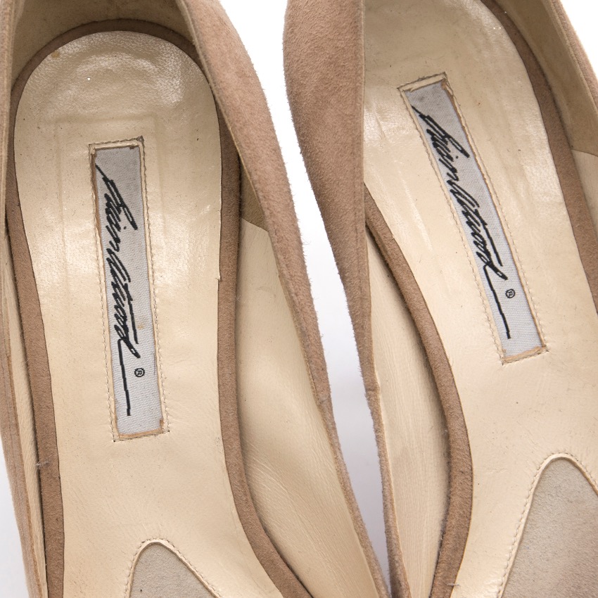 Preowned Brian Atwood Suede and Wood Platform Heels Size 375 Beige/Nude leather