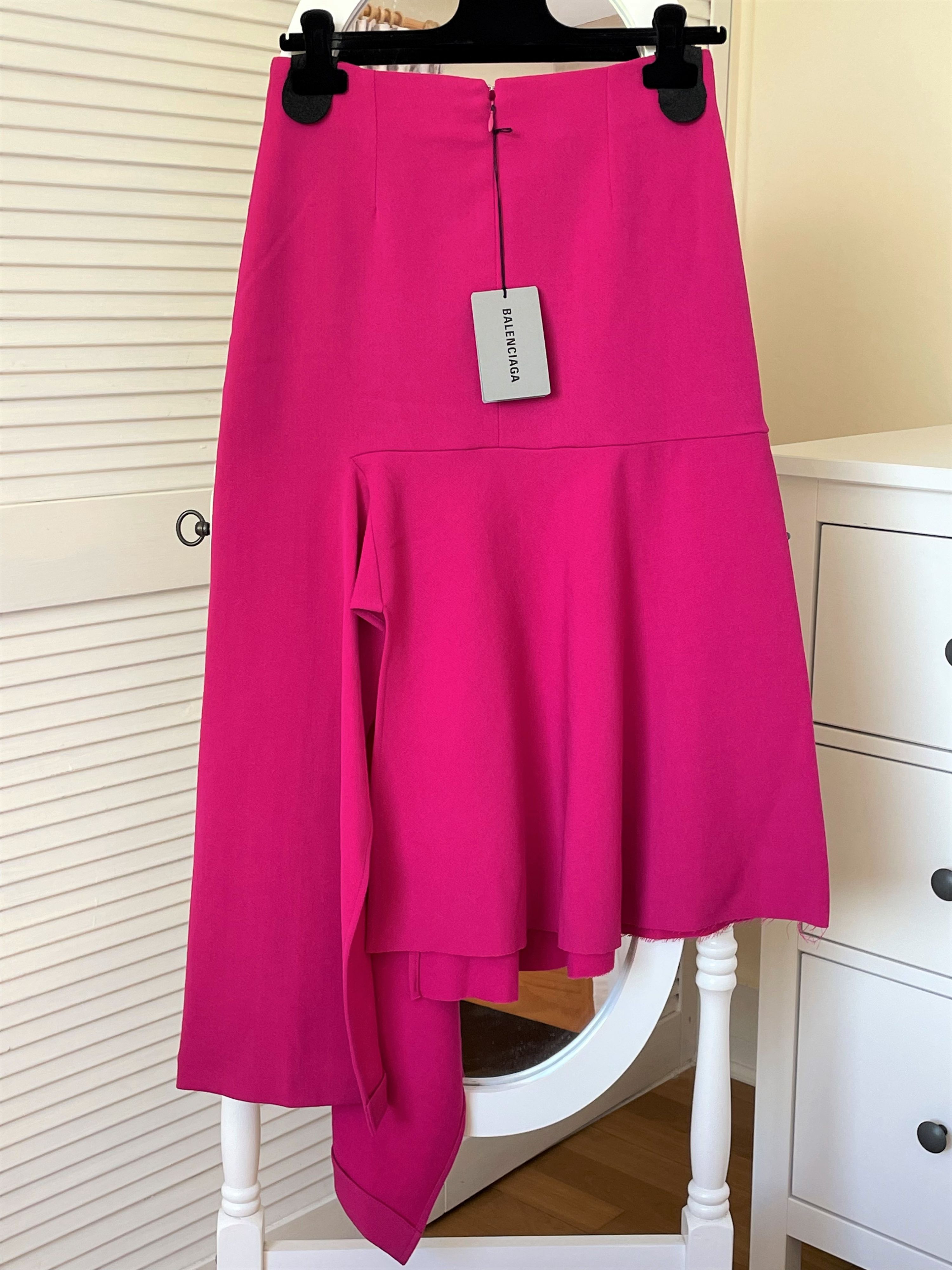 Balenciaga Fuchsia Wool Blend Asymmetric Midi Skirt Size 36 polyester