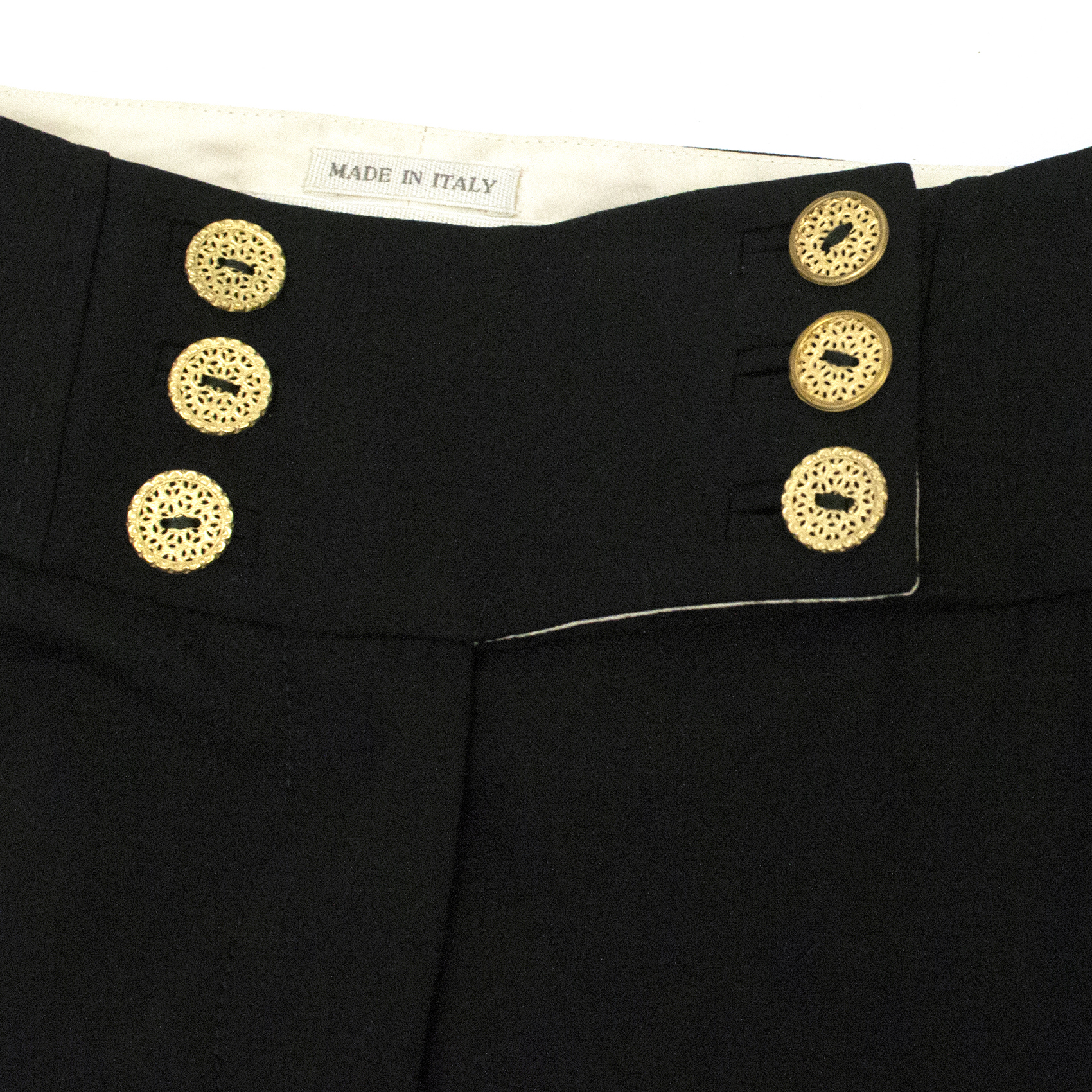 Preowned Couture Black High Waisted Trousers with Gold Buttons Size 38/91 spandex