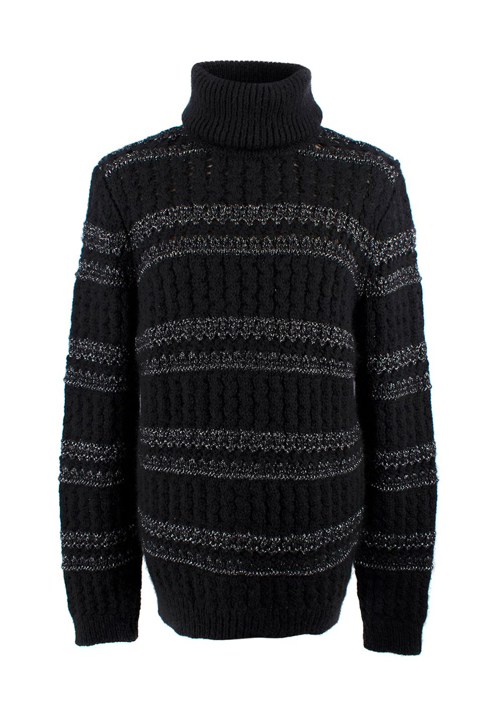 Men's Saint Laurent Black Metallic Roll Neck Jumper Size L Black/Silver wool