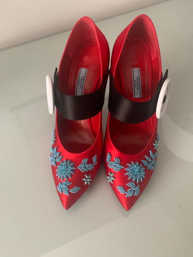 Preowned Prada Red Beaded Satin Mary Jane Pumps Size 395