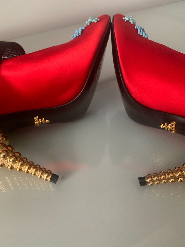 Preowned Prada Red Beaded Satin Mary Jane Pumps Size 395