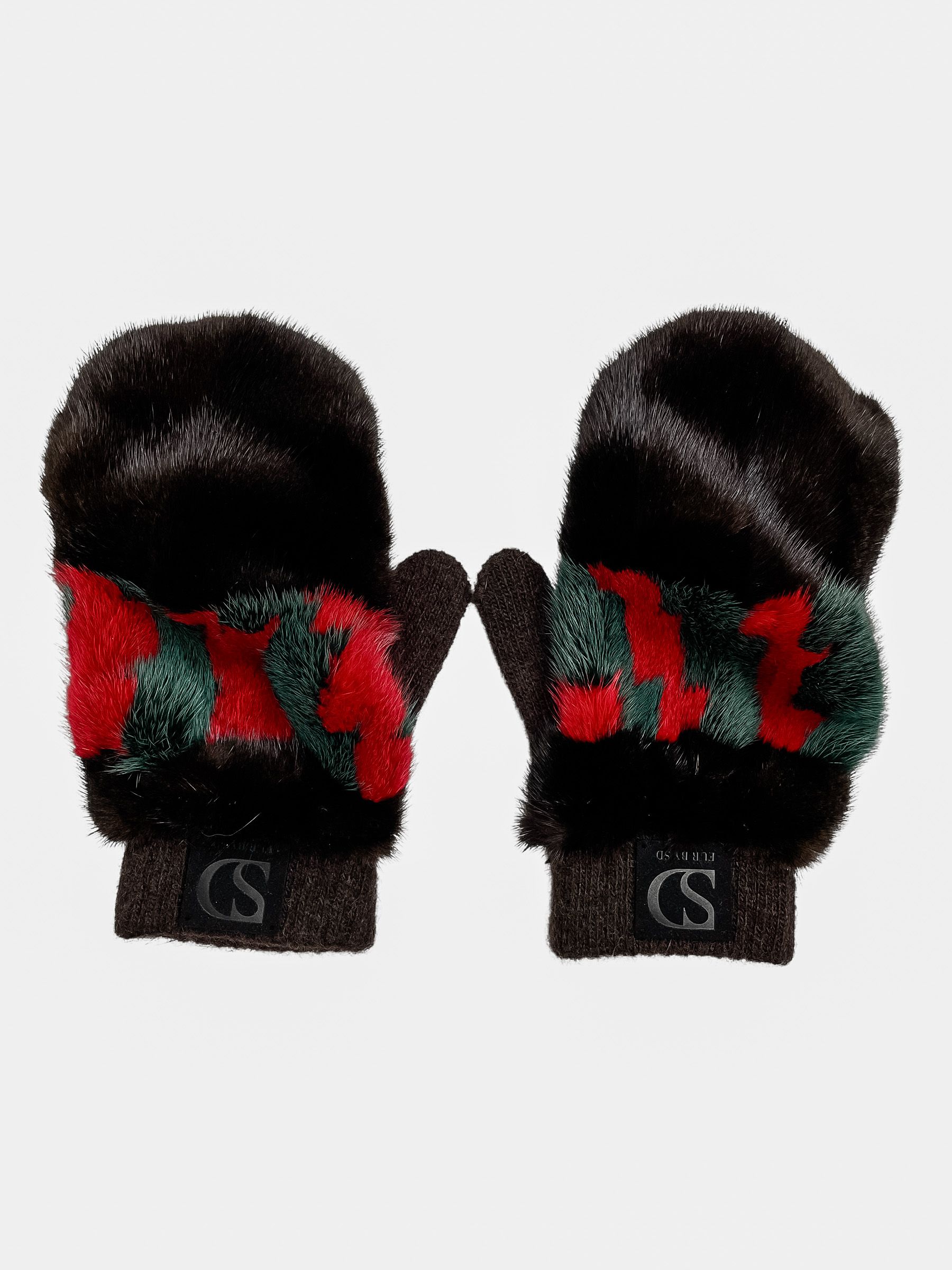 FurbySD multicolour mink  merino wool mittens Dark brown color genuine mink fur; green fur