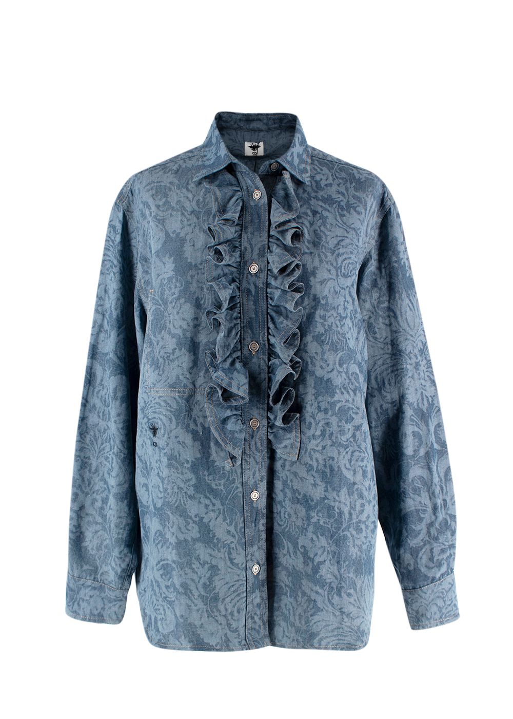 Dior Blue Brocade Denim Shirt with Ruffle Detail Size XS cotton/denim