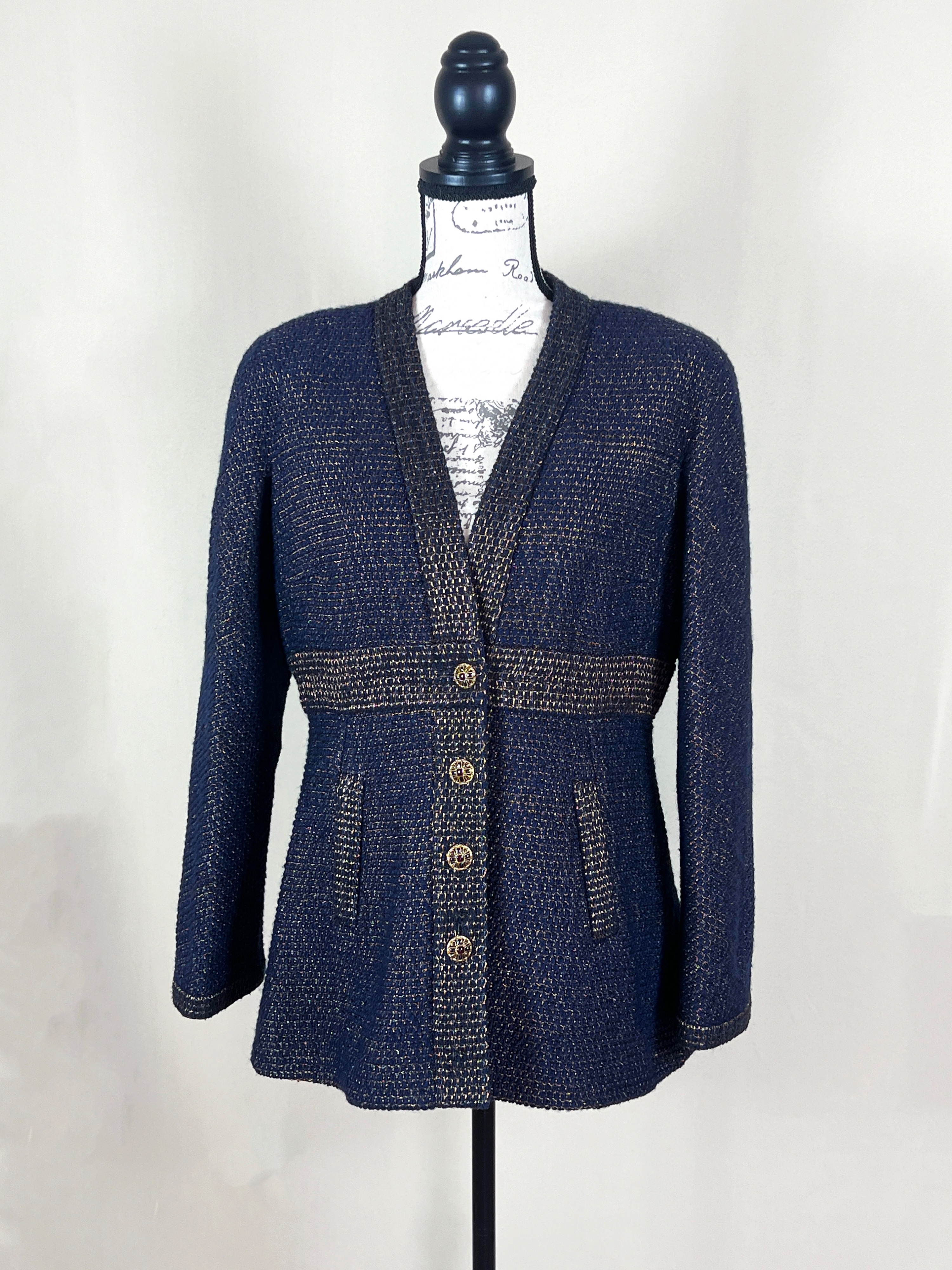 Chanel Blue Metallic Tweed Jacket Size S navy