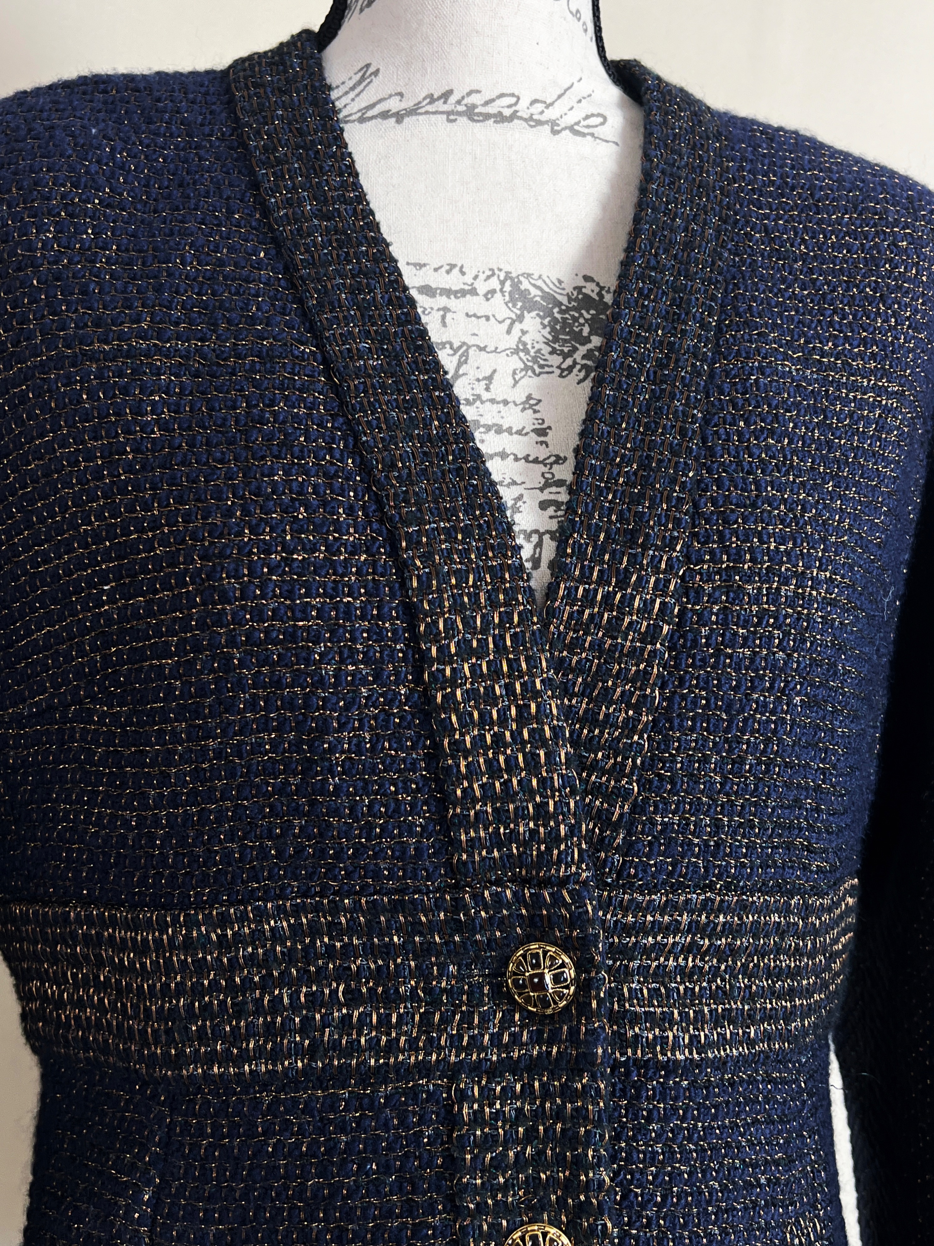 Chanel Blue Metallic Tweed Jacket Size S navy