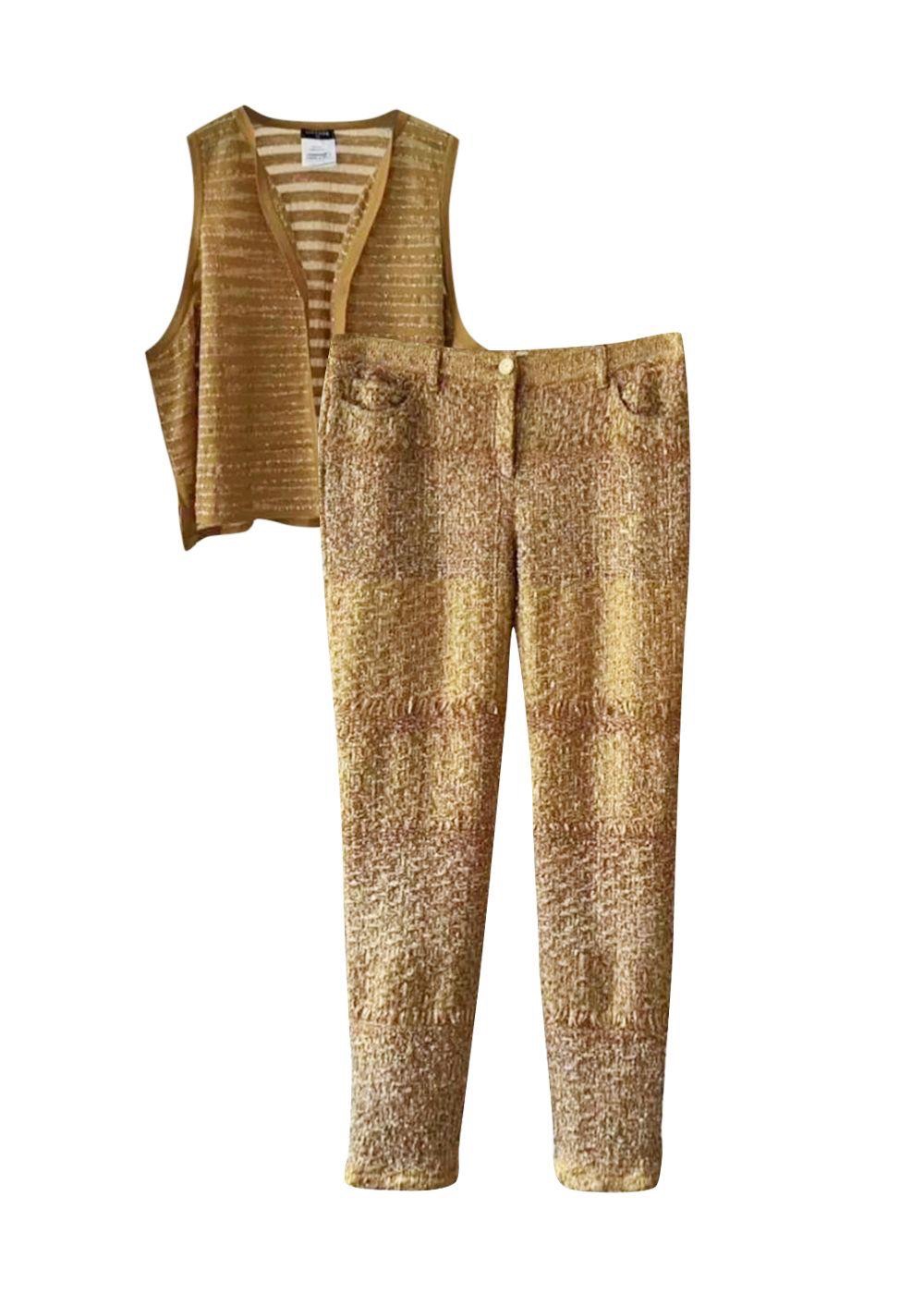 Chanel Gold Runway Ribbon Tweed Vest and Pant Suit Size M