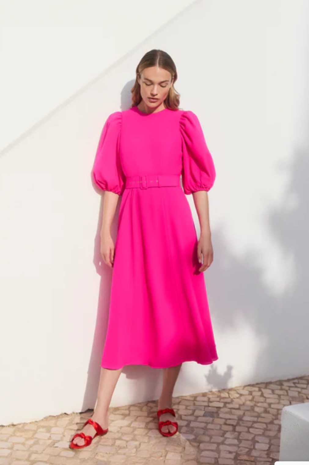 Beulah Hot Pink Wool Crepe Midi Dress Size S