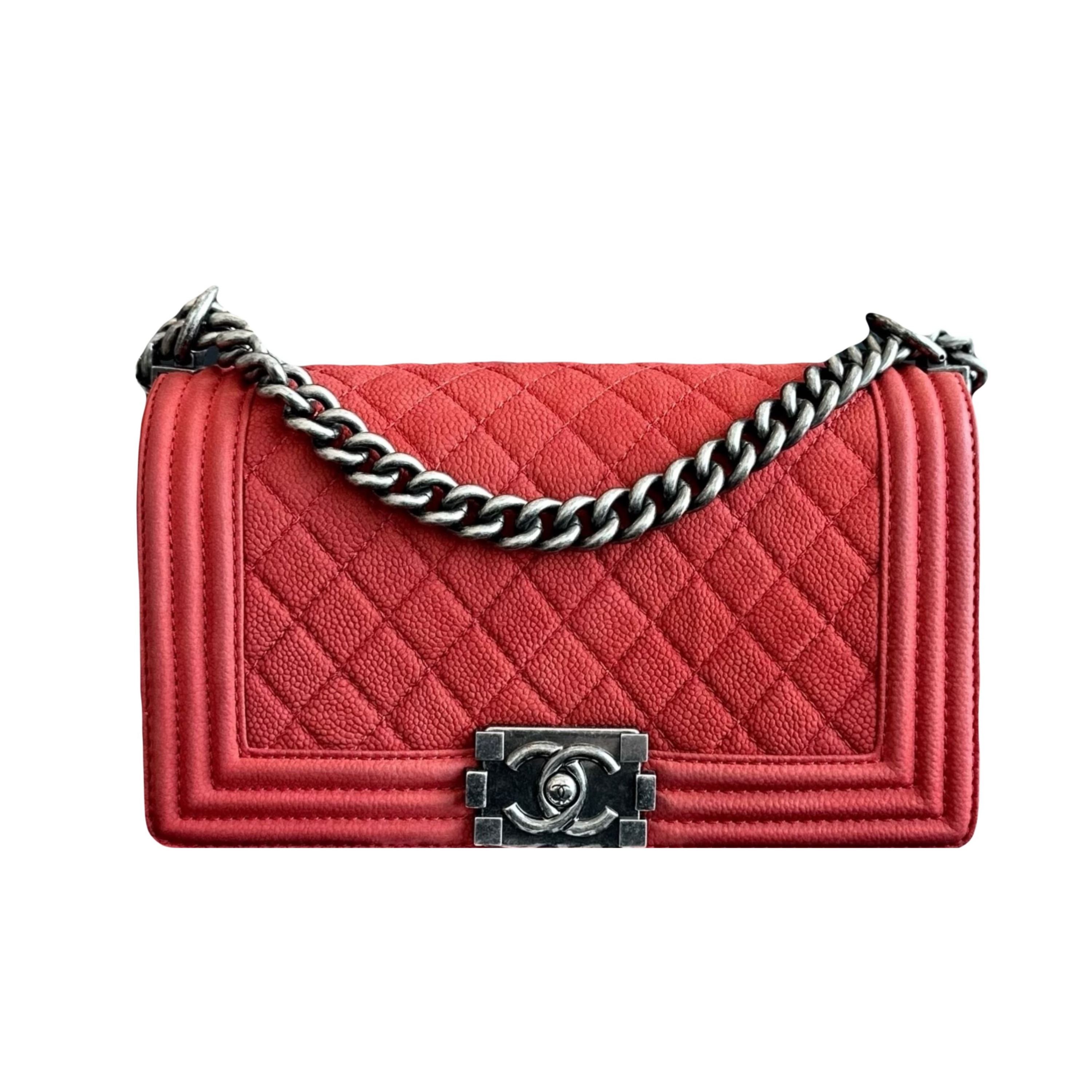 Preowned Chanel Red Calfskin Boy Bag leather