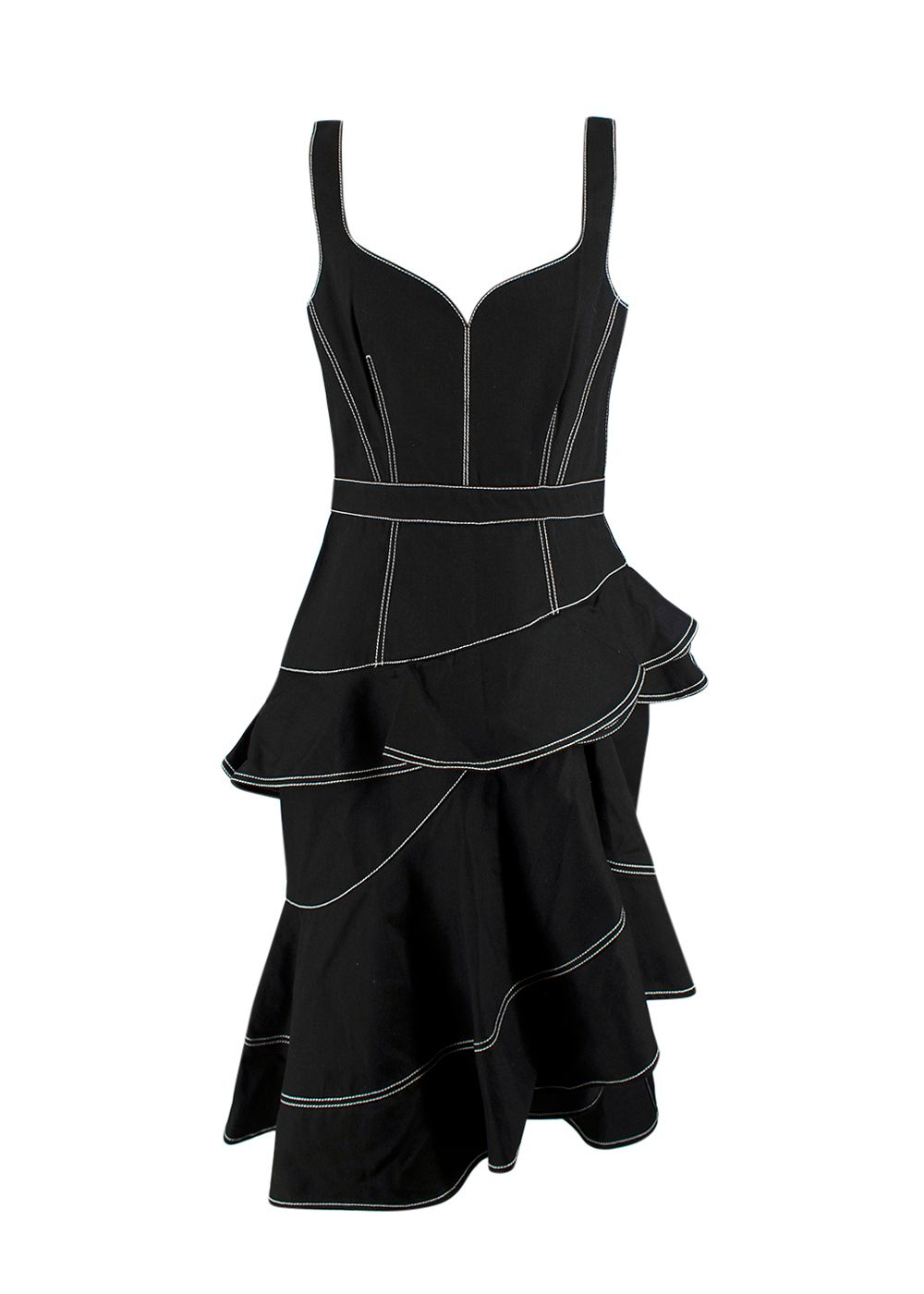 Alexander McQueen Black Denim Ruffled Asymmetric Midi Dress Size XL Black and white cotton