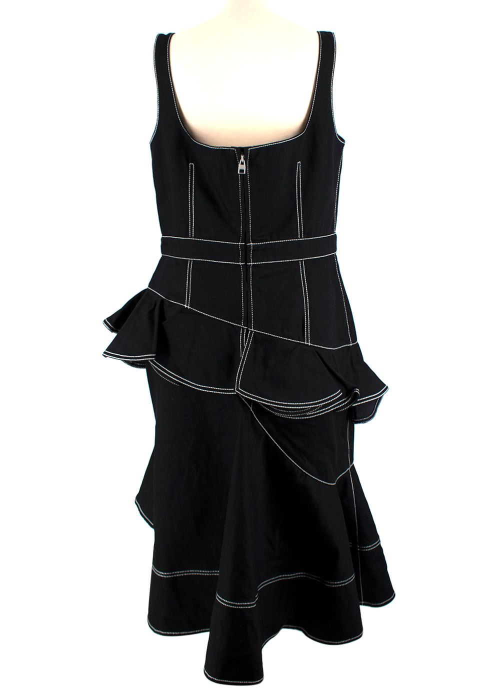 Alexander McQueen Black Denim Ruffled Asymmetric Midi Dress Size XL Black and white cotton