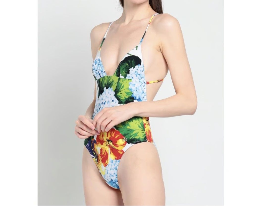 Dolce  Gabbana Blue Hydrangea Swimsuit Size XL Multicolour polyamide/elasthan