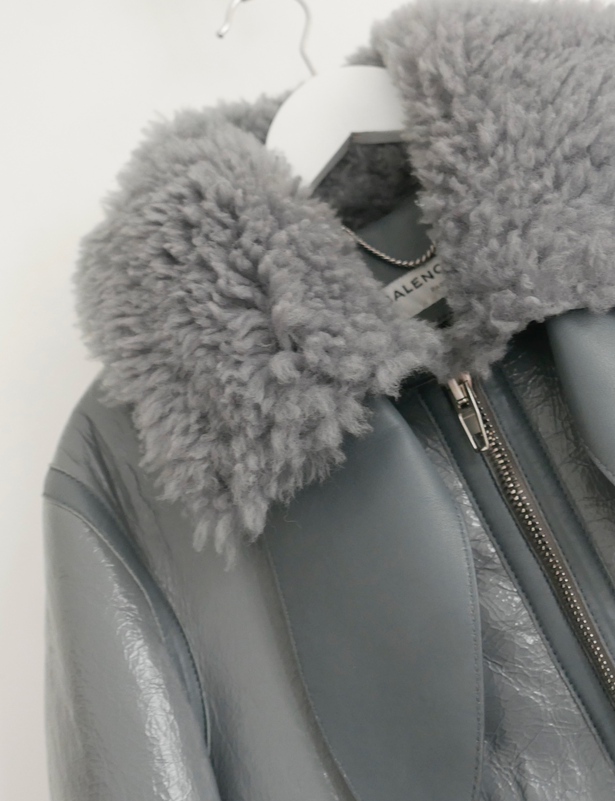 Preowned Balenciaga Grey Shearling Biker Jacket Size XS leather