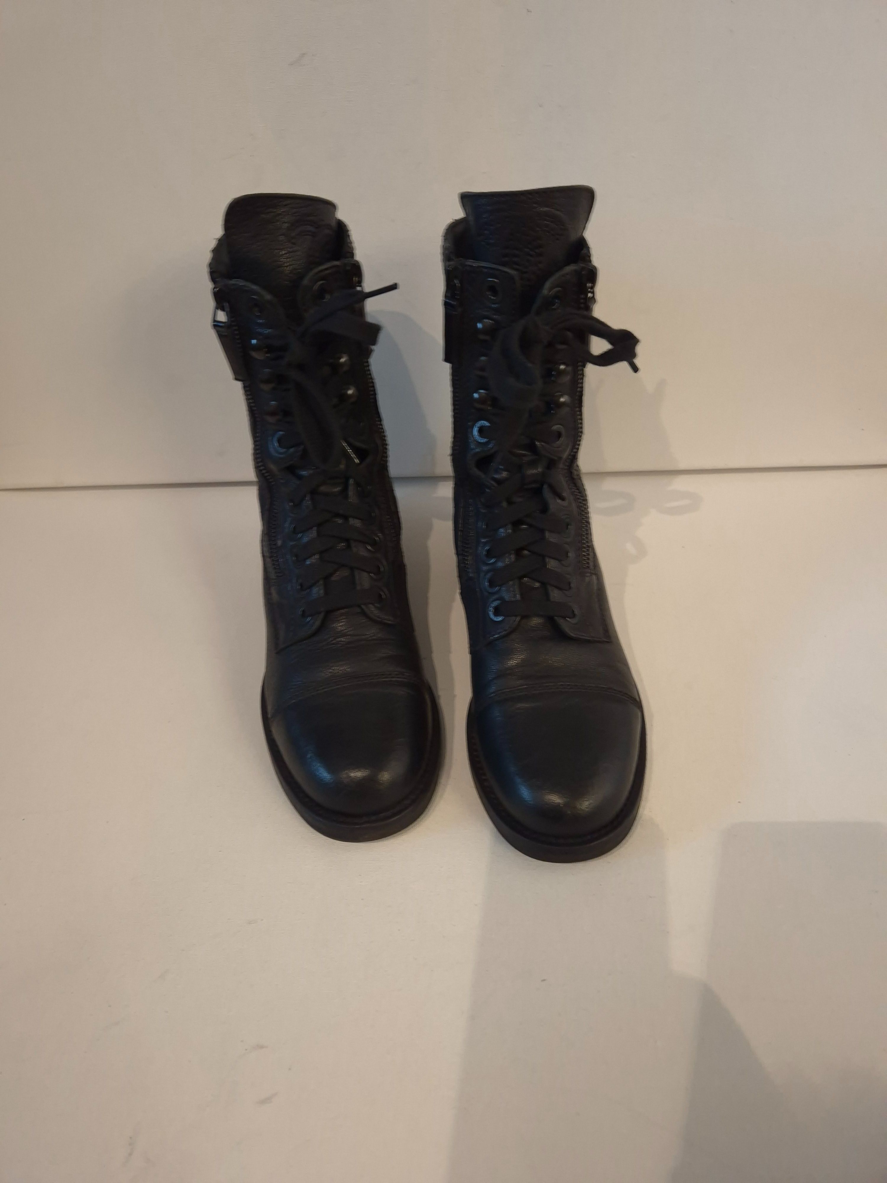 Preowned Chanel Black Leather Combat Boots Size 39