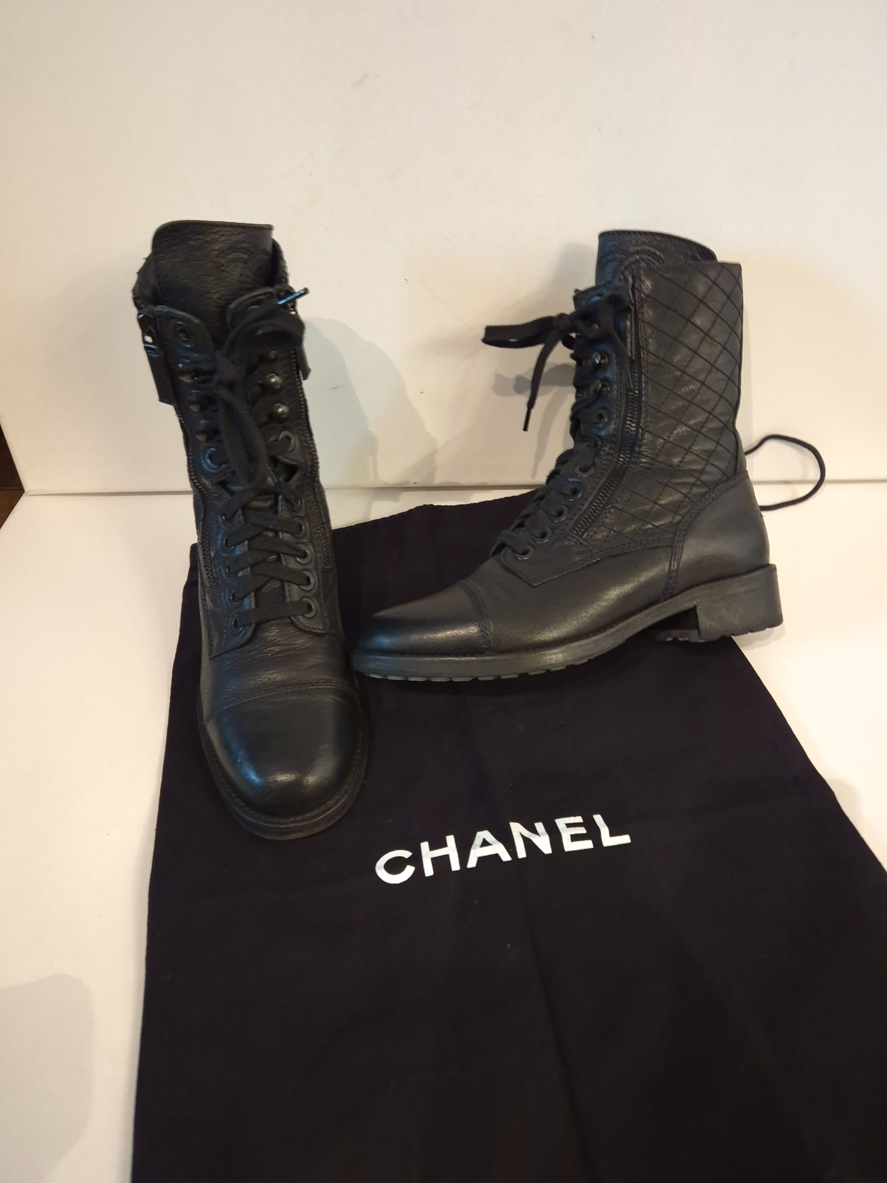 Preowned Chanel Black Leather Combat Boots Size 39