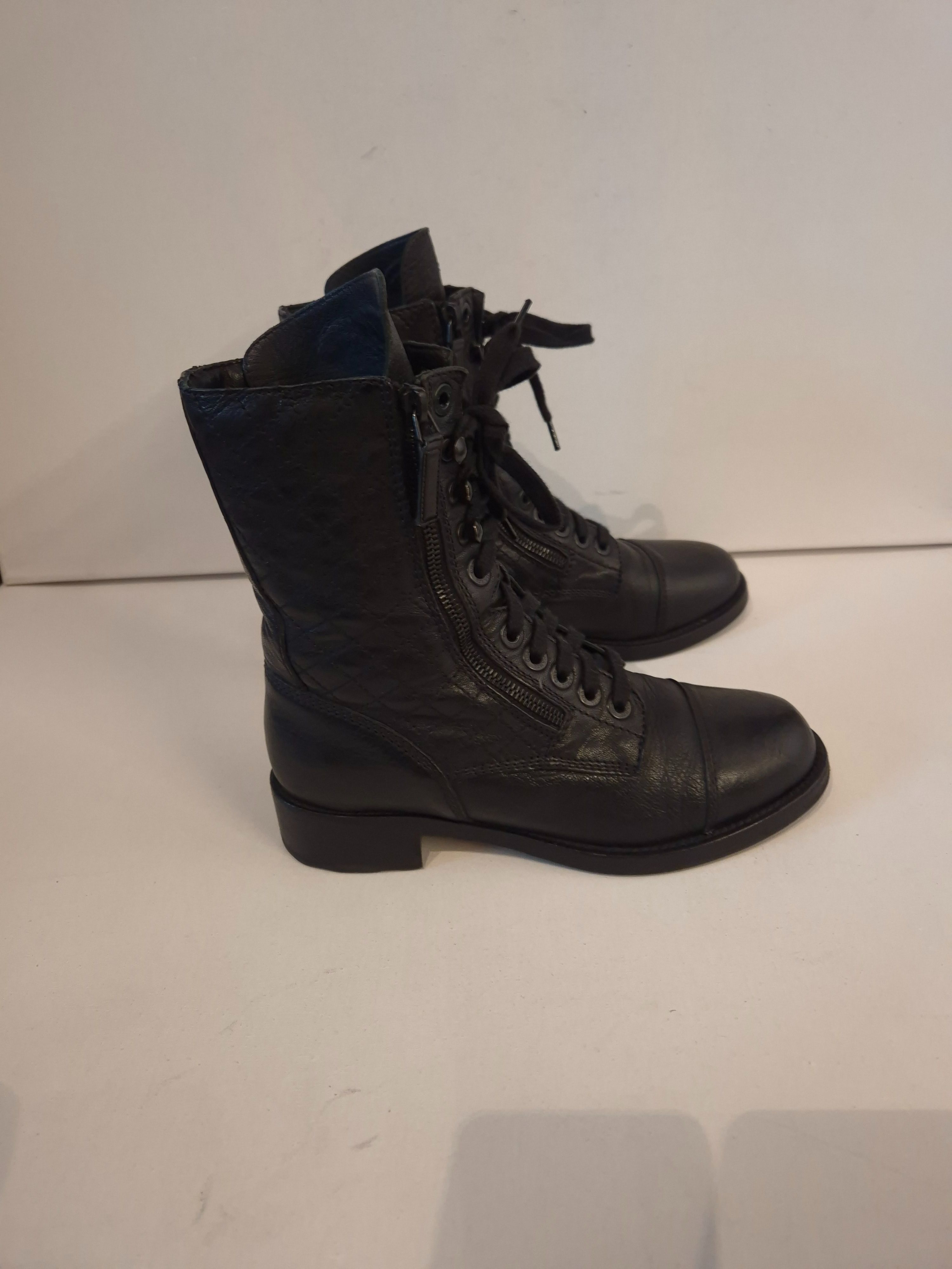 Preowned Chanel Black Leather Combat Boots Size 39