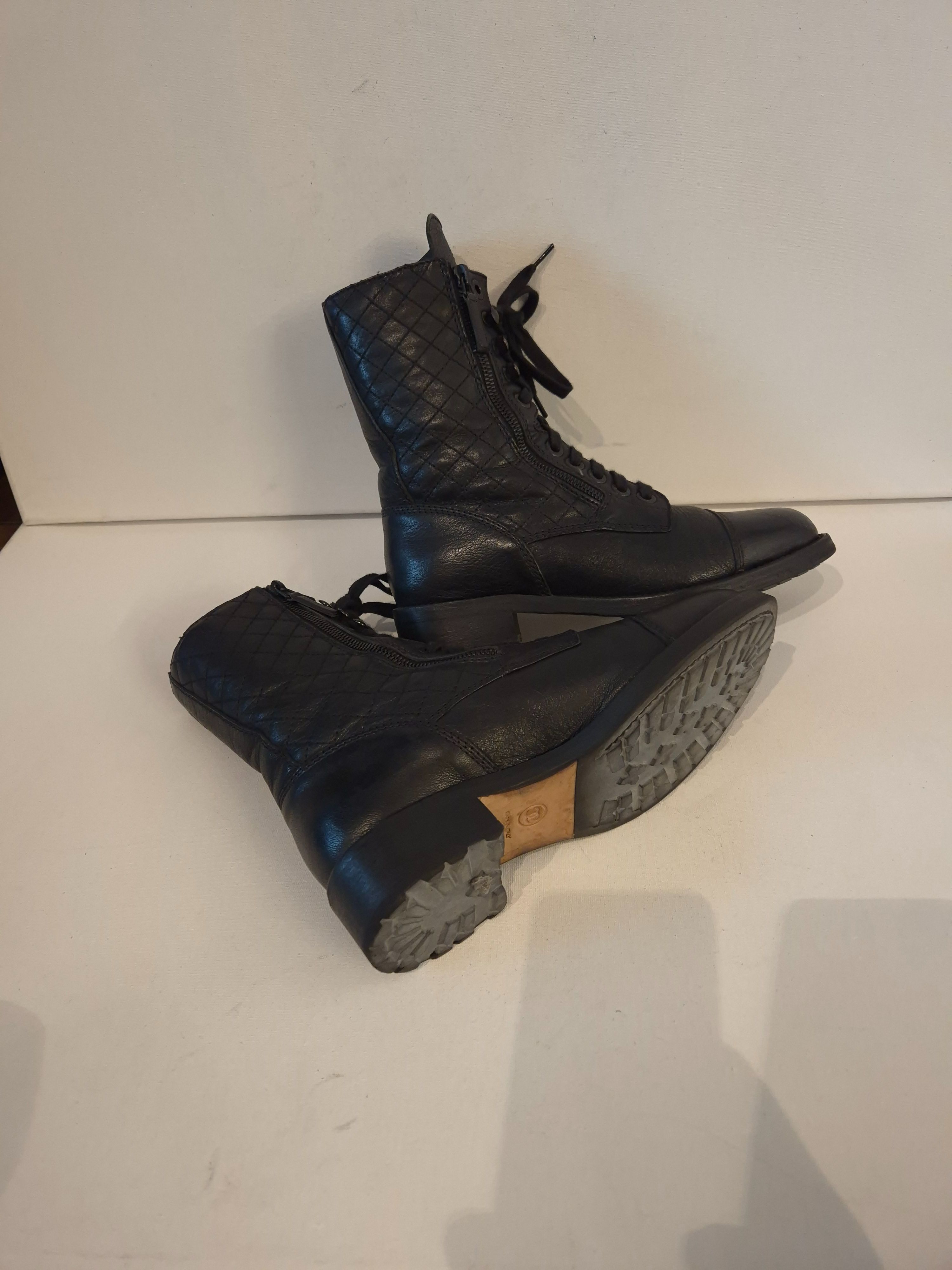 Preowned Chanel Black Leather Combat Boots Size 39