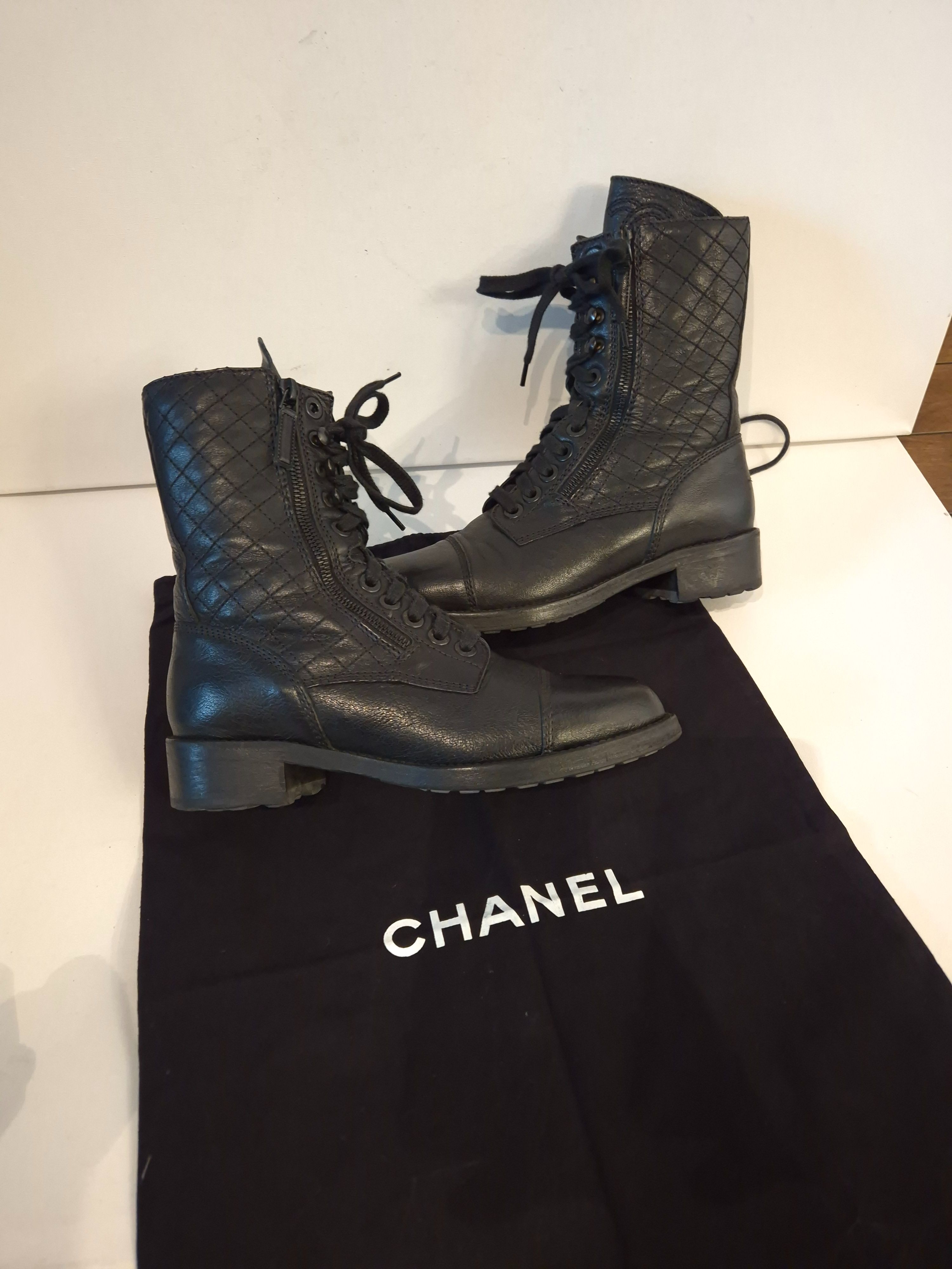 Preowned Chanel Black Leather Combat Boots Size 39