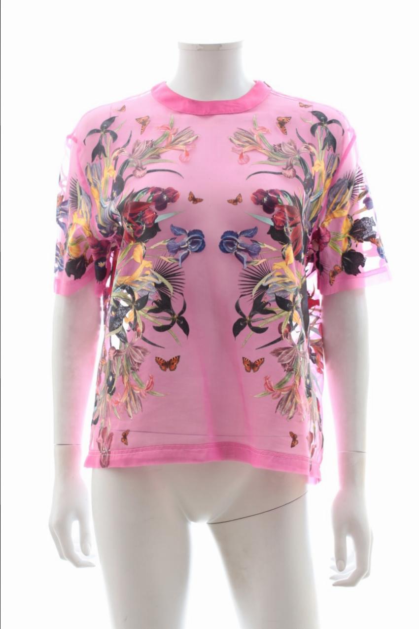 Preowned Givenchy Givrenchy Pink Silk Sheer Chiffon Floral Print T-Shirt Size XS