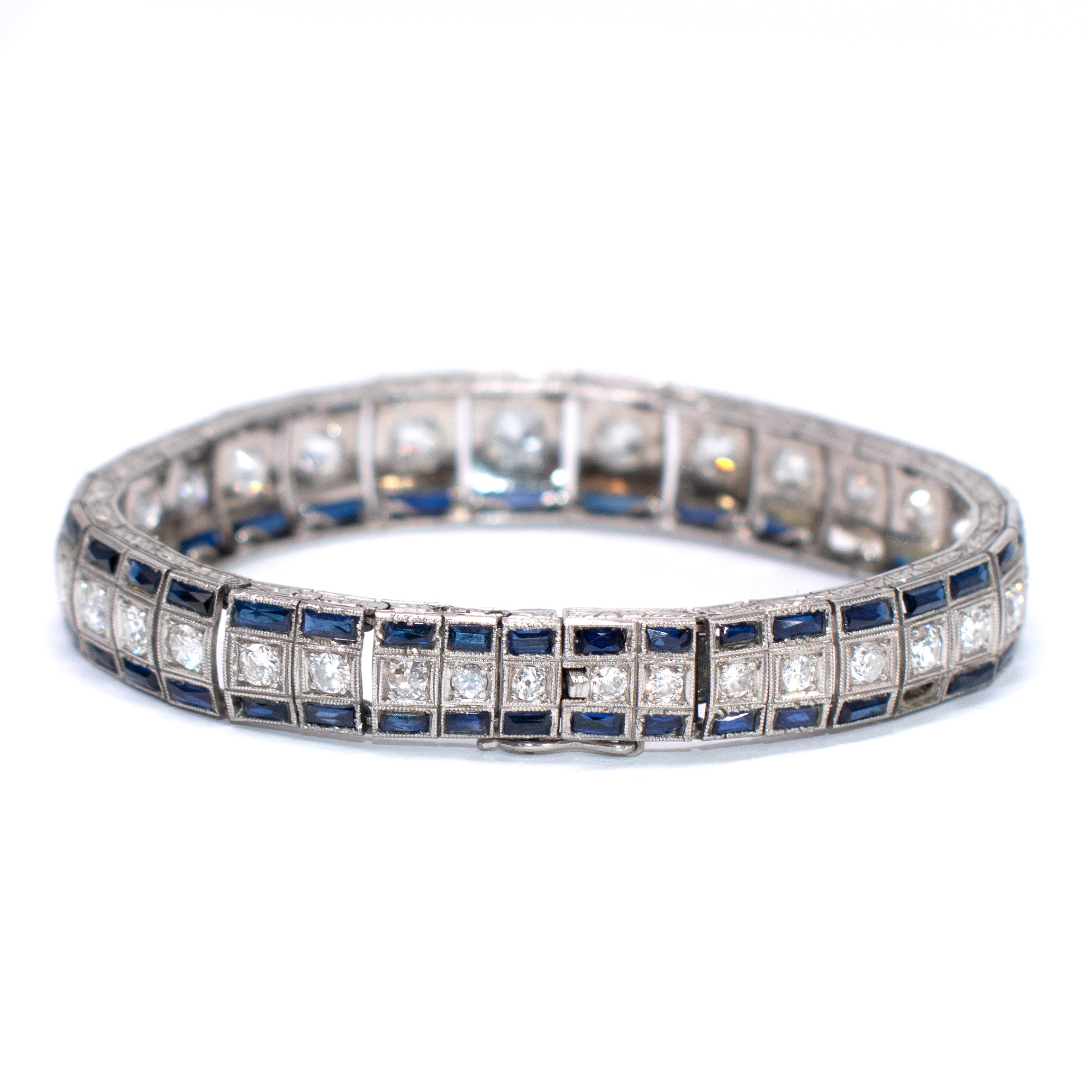 Preowned Bespoke Edwardian Diamond and Sapphire Bracelet Size XS silver blue white gold/diamonds/sapphires