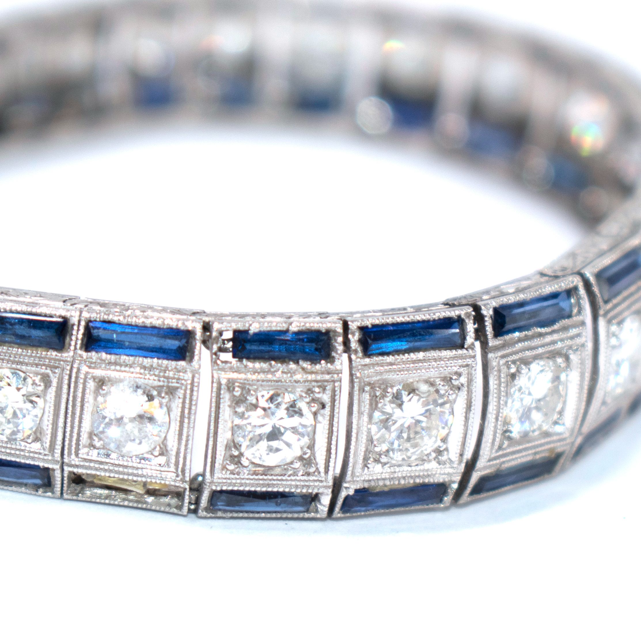 Preowned Bespoke Edwardian Diamond and Sapphire Bracelet Size XS silver blue white gold/diamonds/sapphires