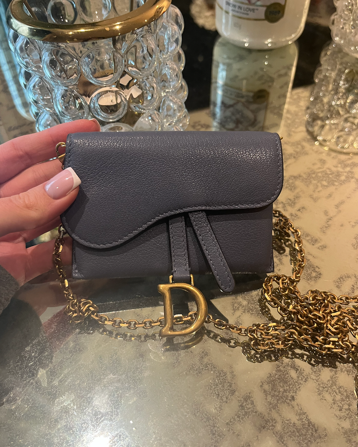 Preowned Dior Blue Micro Saddle Wallet on Chain leather