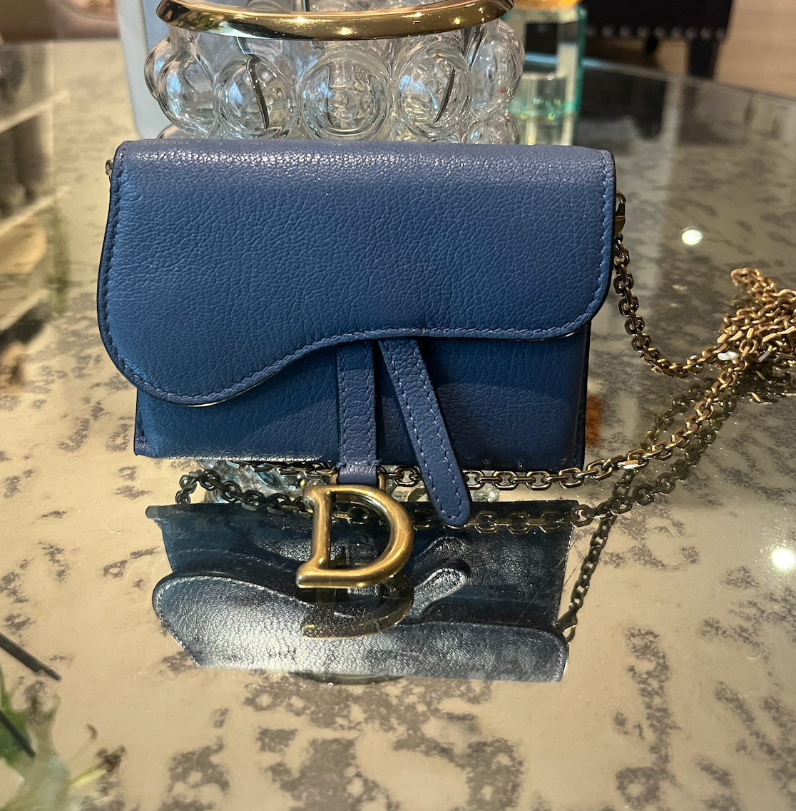 Preowned Dior Blue Micro Saddle Wallet on Chain leather