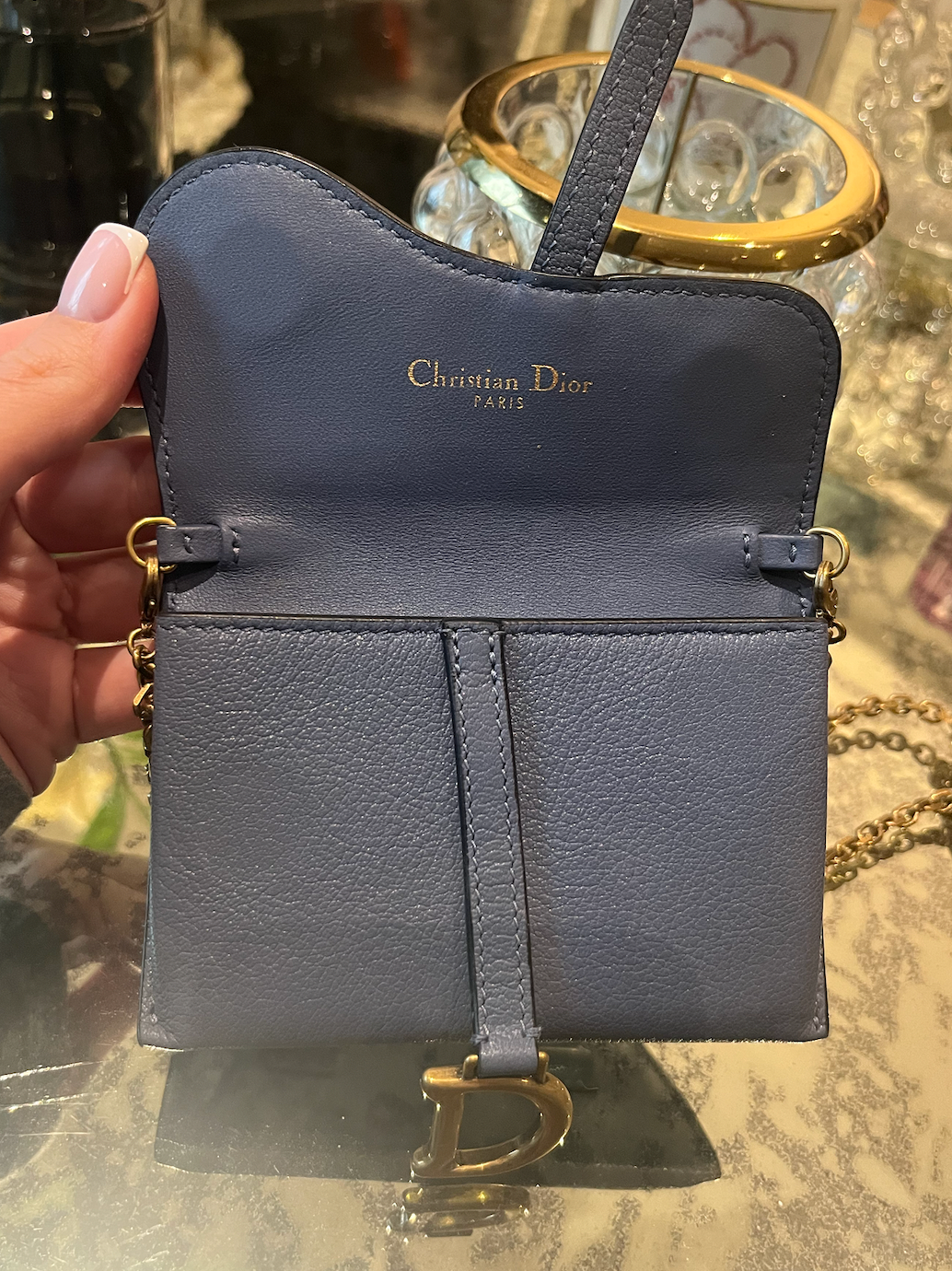 Preowned Dior Blue Micro Saddle Wallet on Chain leather