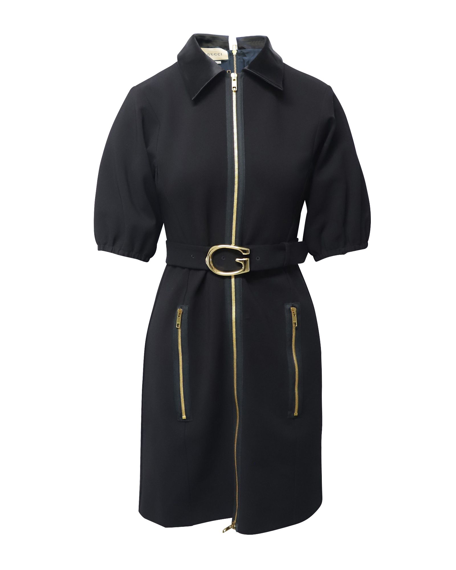 Preowned Gucci Black Jersey Mini Dress with G Buckle Belt Size S cellulose fibre/viscose