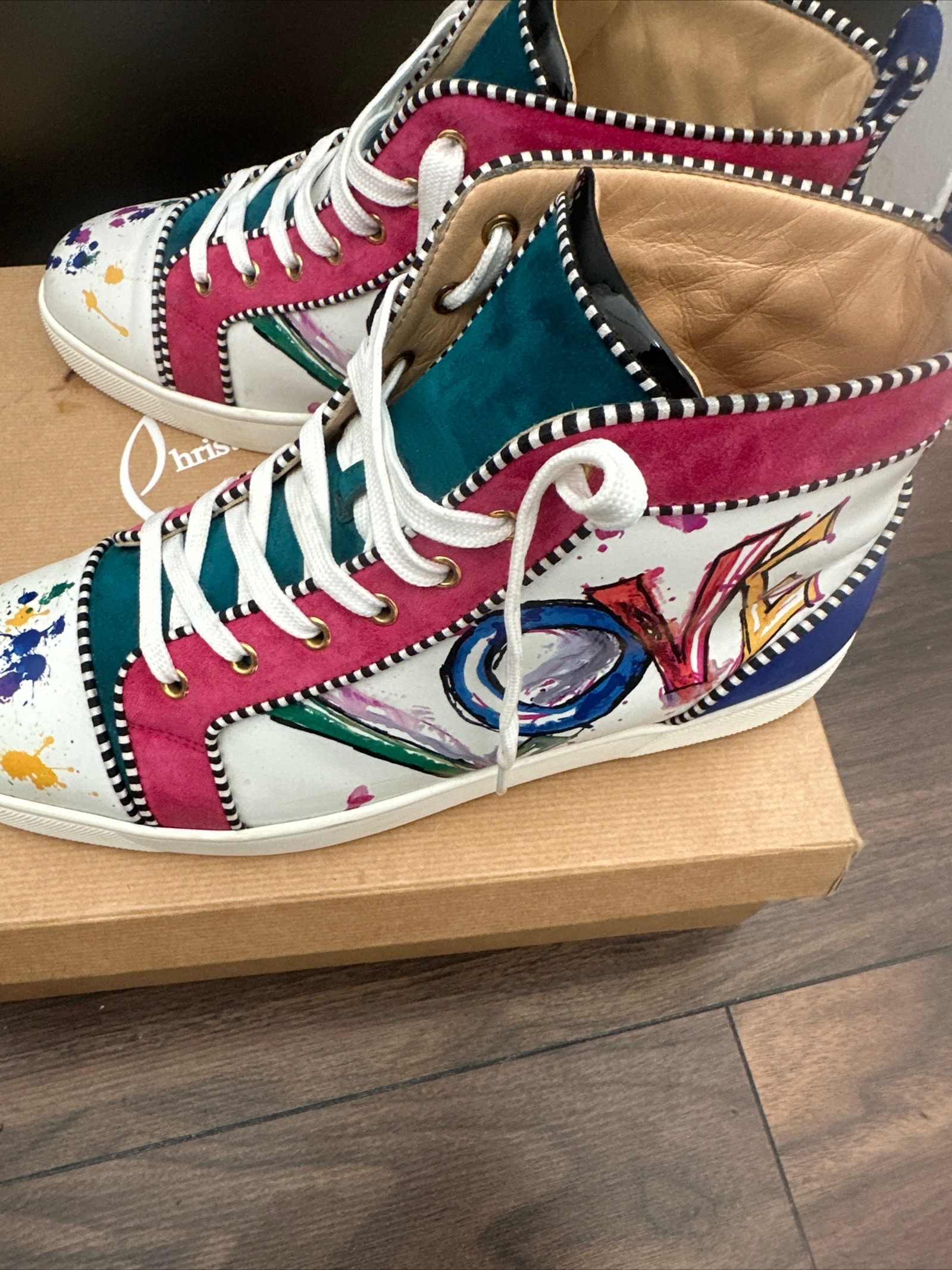 Preowned Christian Louboutin Louis Orlato Love High Top Trainers Size 445 Multi coloured leather