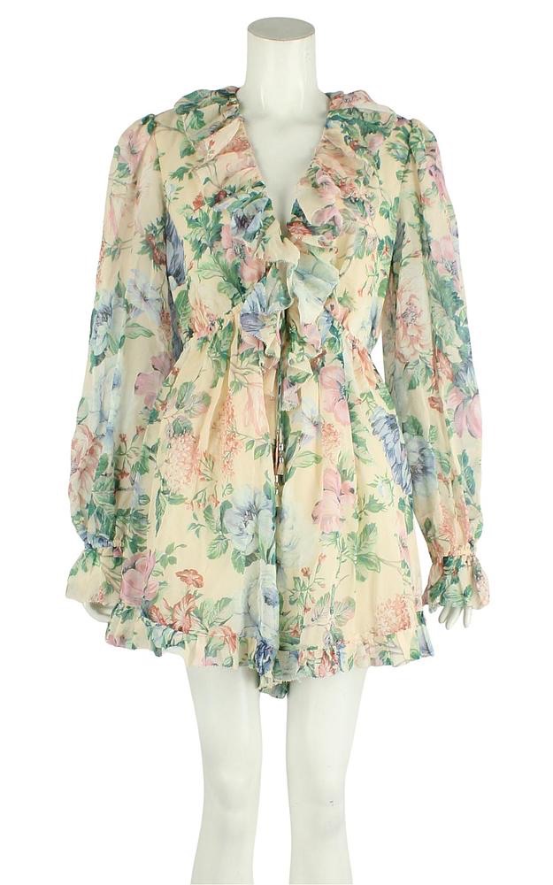 Zimmermann Verity Floral-print Georgette Playsuit Size M Beige with pink and blue floral chiffon